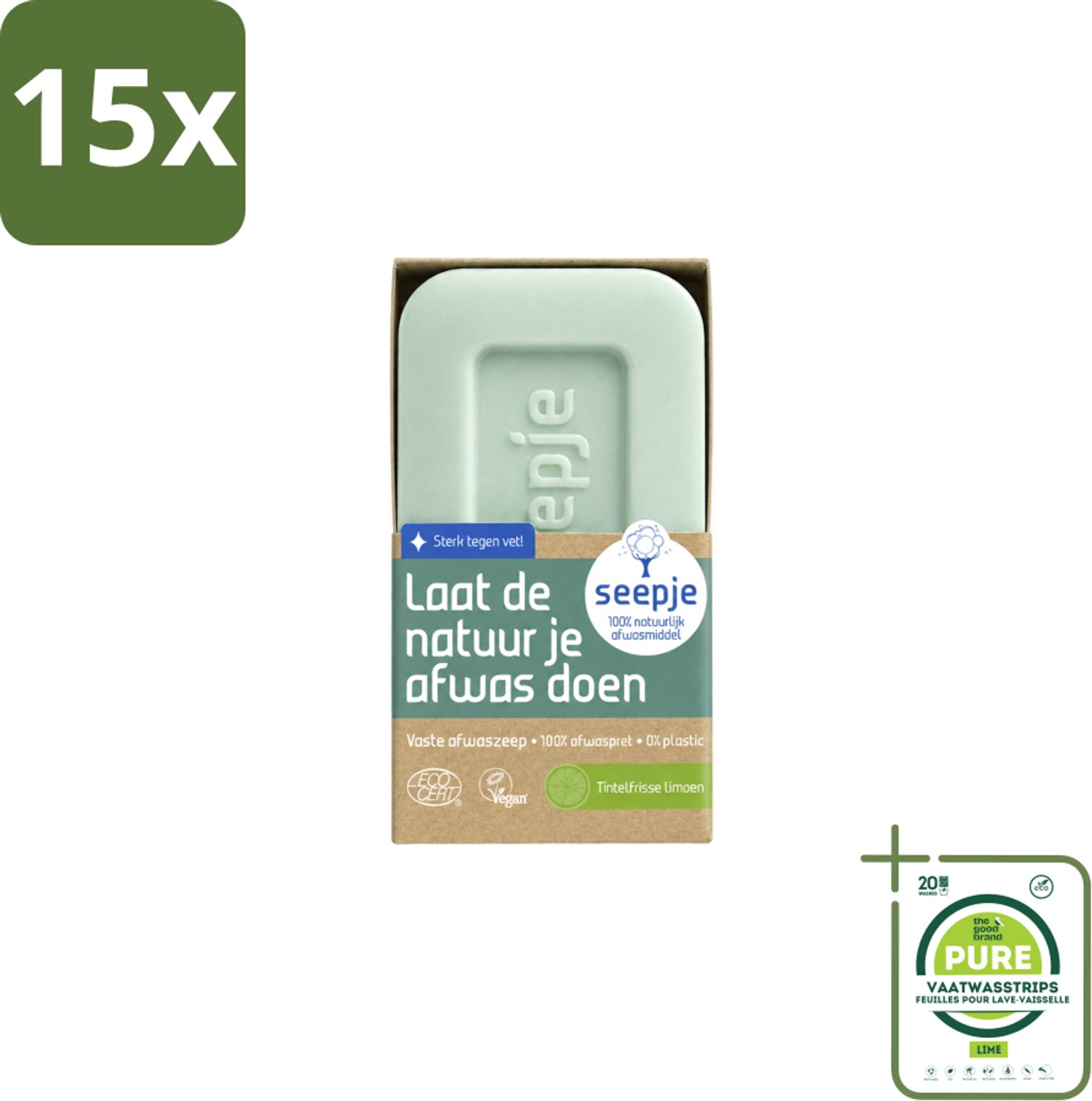 15 x Seepje - Afwaszeep - Handgemaakt & Biologisch - Tintelfrisse Limoen Geur - 120 gr - Grootverpakking - Vaatwasstrips - Afwaszeep - Handgemaakte Zeep - Biologische Zeep - Milieuvriendelijke Zeep - Limoen Geur