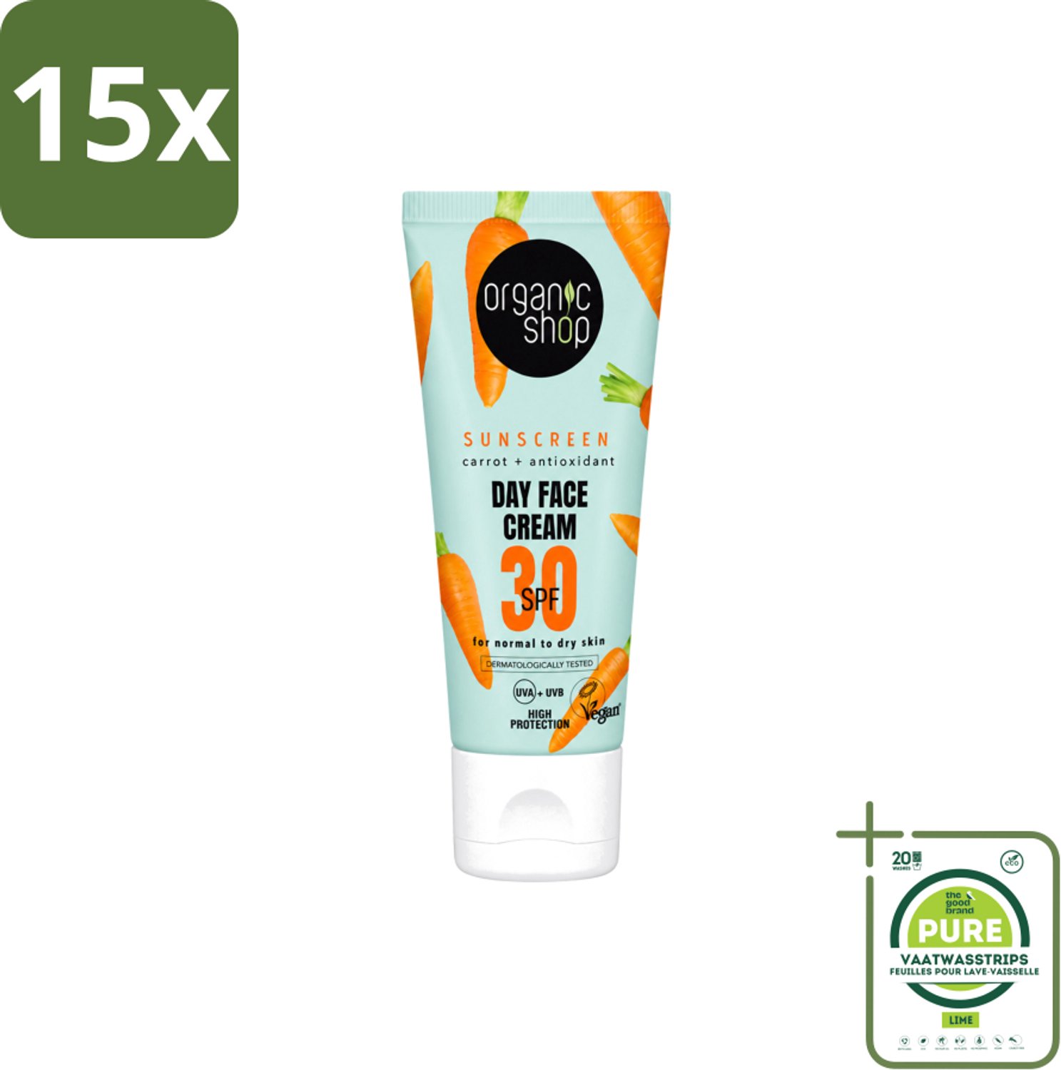 15 x Organic Shop - Zonnebrandcrème Gezicht SPF 30 - Normale Huid - 50 ml - Grootverpakking - Vaatwasstrips - Zonbescherming - Gezichtscreme - SPF 30 - Natuurlijke Zonnebrand - Huidbescherming