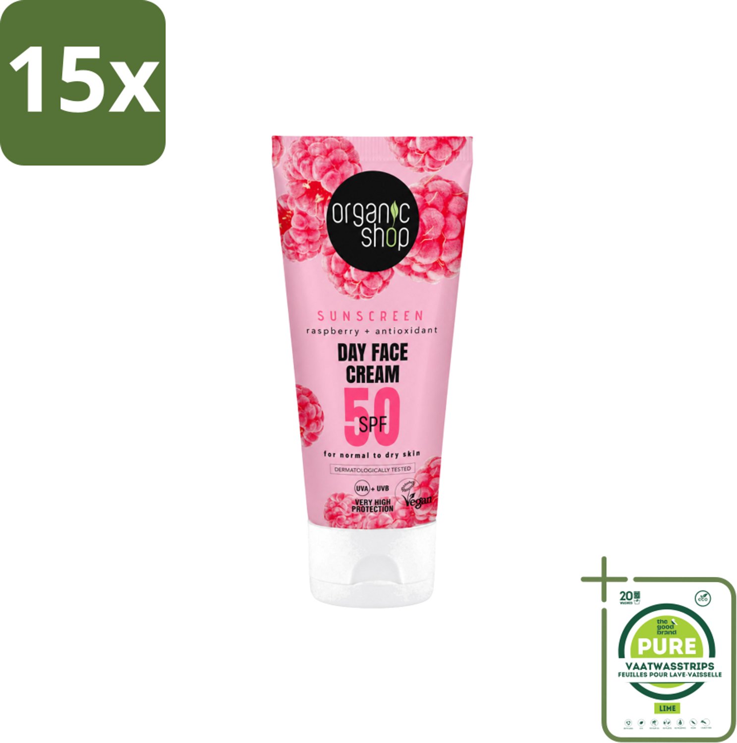 15 x Organic Shop - Zonnebrandcrème Gezicht SPF 50 - Normale Huid - 50 ml - Grootverpakking - Vaatwasstrips - Zonbescherming Gezicht - SPF 50 - Gezichtscreme - Huidbescherming - Droge Huid