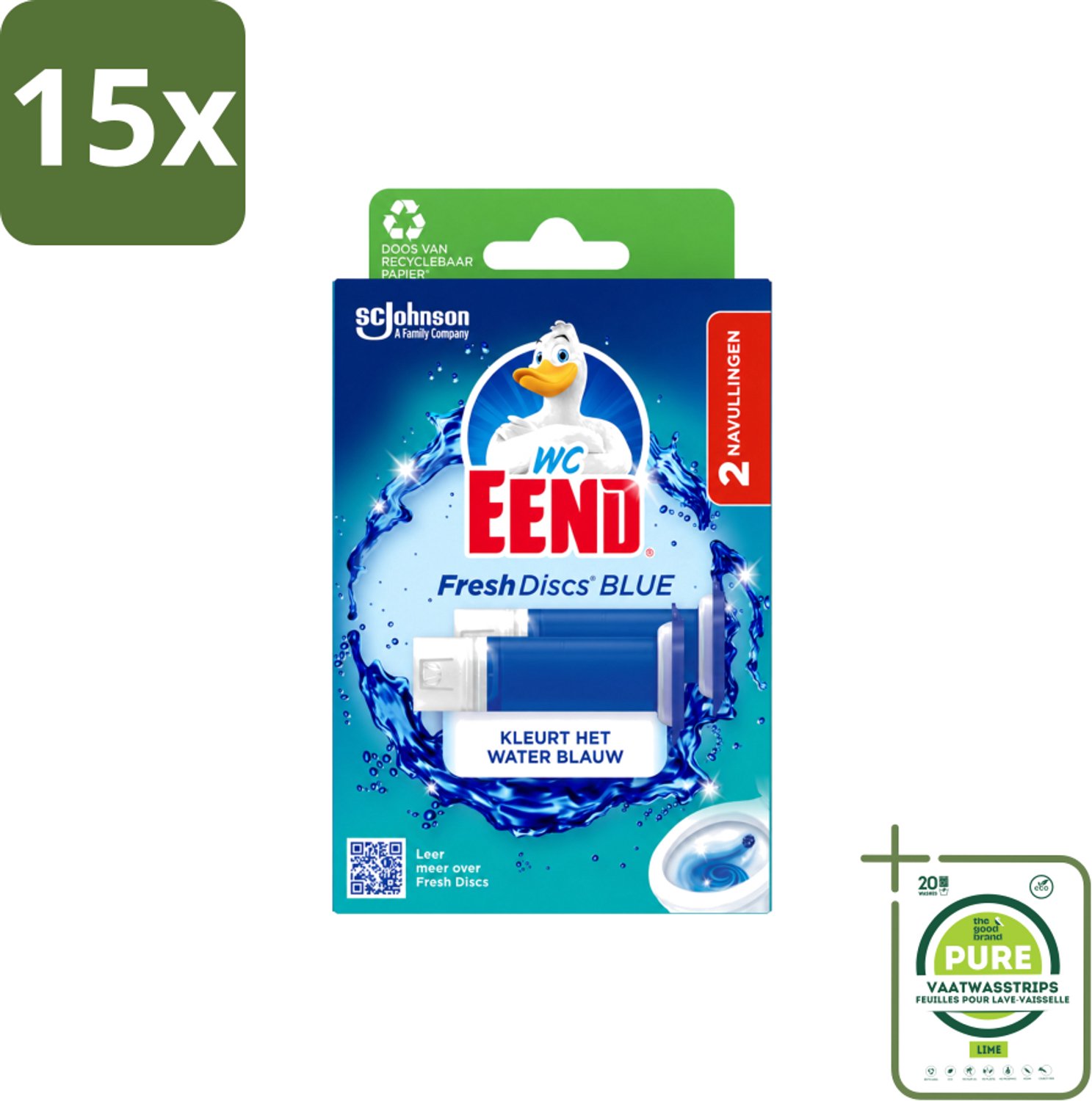 15 x WC Eend - Fresh Discs Coloring Blue - Duo Navulling - Kleurt Water Blauw & Verfrist - 72 ml - Grootverpakking - Vaatwasstrips - Toiletgel - Toiletverzorging - Toilet Reinigen - Toilet Hygiëne - Toilet Frisheid