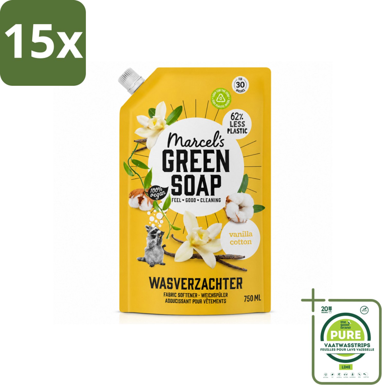 15 x Marcel's Green Soap - Wasverzachter - Navulling - Katoen & Vanille - Zachte frisheid- 30 Wasbeurten - 750 ml - Grootverpakking - Vaatwasstrips - Wasverzachter - Wasgoed Zachter Maken - Katoen Geur - Vanille Geur - Milieuvriendelijk Wasgoed