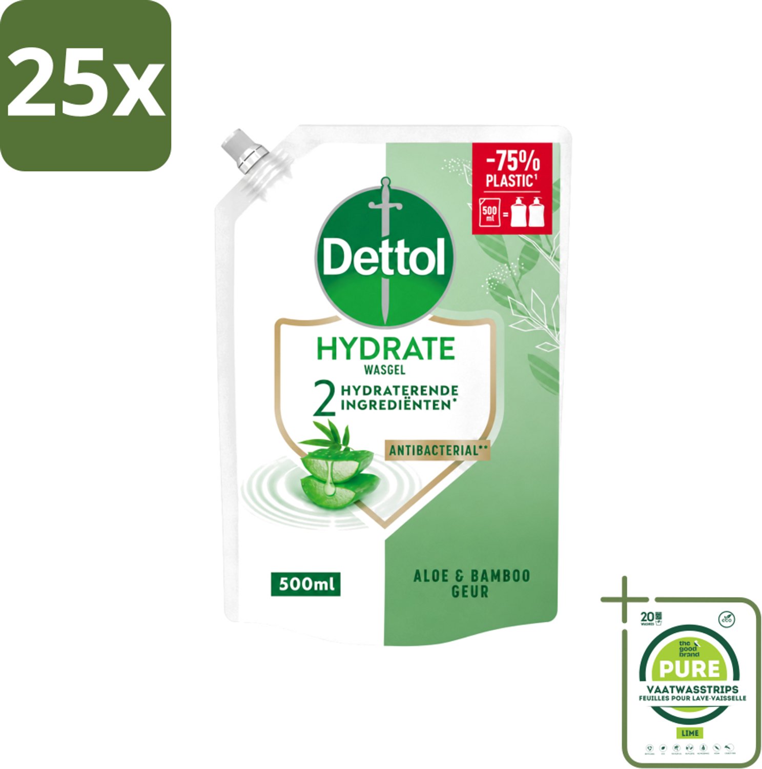 25 x Dettol - Handzeep Navulling - Hydrate - Aloë Vera & Bamboe - 500 ml - Grootverpakking - Vaatwasstrips - Handzeep - Handen Reinigen - Antibacterieel - Hygiëne - Handen Verzorgen