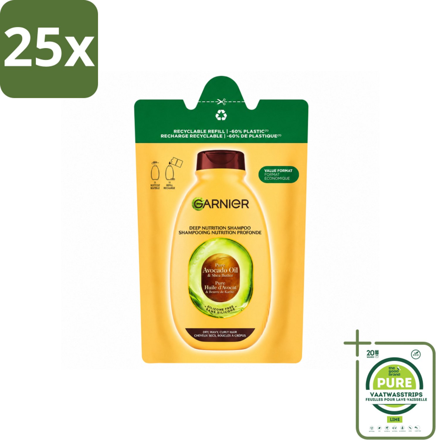 25 x Garnier - Loving Blends - Shampoo Refill - Avocado Olie & Shea Boter - Zeer Droog, Golvend of Krullend Haar - 250 ml - Grootverpakking - Vaatwasstrips - Shampoo Refill - Avocado Olie - Shea Boter - Droog Haar - Krullend Haar