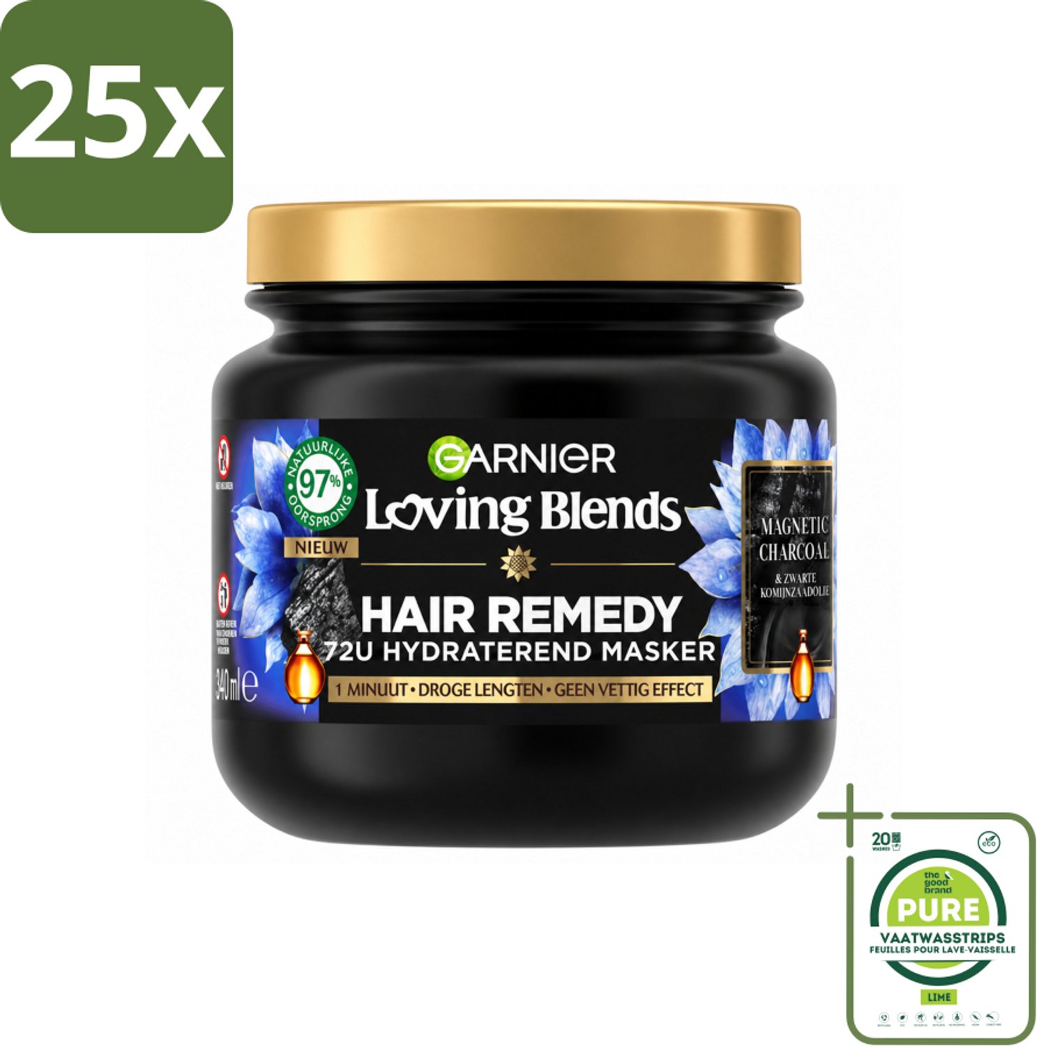 25 x Garnier - Loving Blends Magnetic Charcoal - Haarmasker - Droge Lengtes - 340 ml - Grootverpakking - Vaatwasstrips - Haarmasker - Droge Haar - Hydratatie - Natuurlijke Ingrediënten - Charcoal