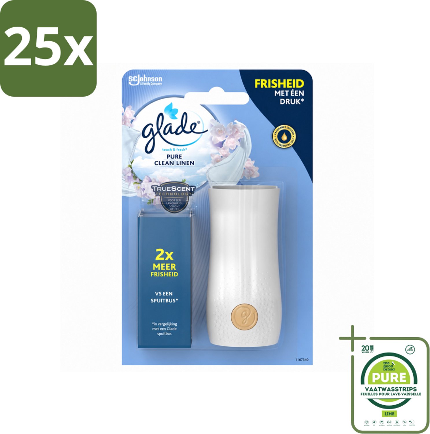 25 x Glade - Houder Touch & Fresh - Pure Clean Linen - 10 ml - Grootverpakking - Vaatwasstrips - Frisse Geur - Linnengoed - Touch & Fresh - Geurverspreiding - Ruimte Verfrissen