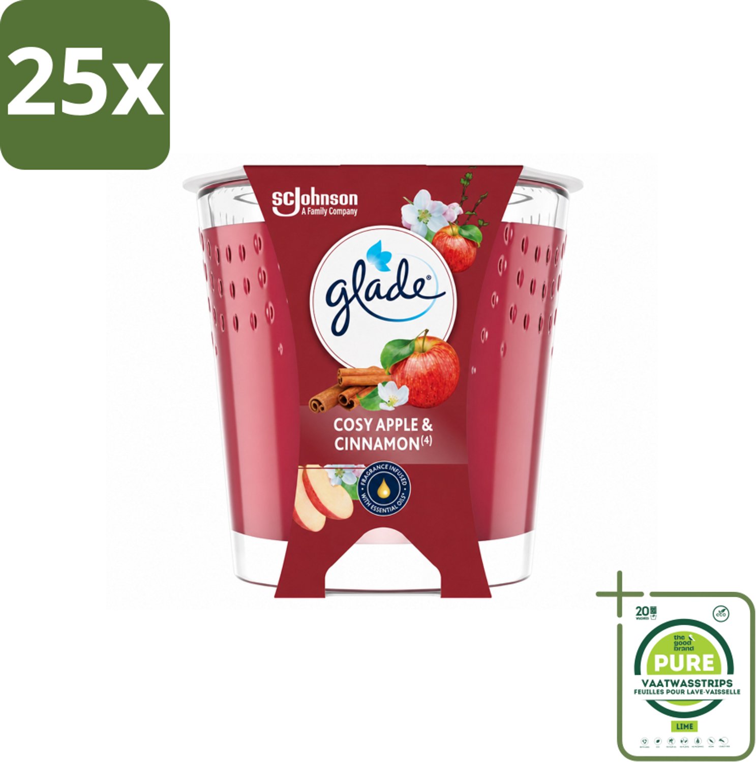 25 x Glade - Geurkaars Cosy Appel Kaneel - 100% Raapzaadwas & Vegan - 112 g - Grootverpakking - Vaatwasstrips - Geurkaars - Vegan - Warme Geur - Appel - Kaneel