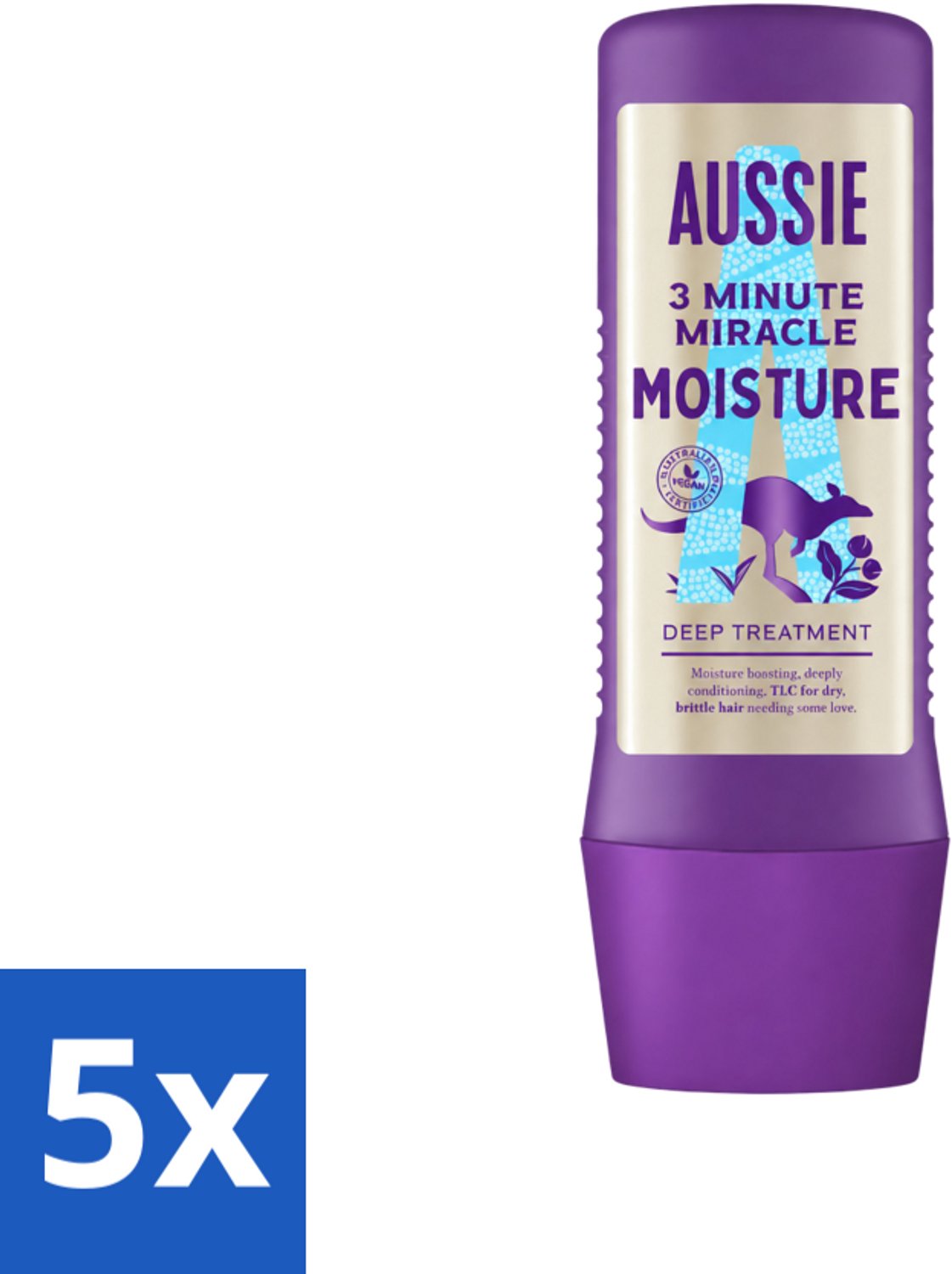 5 x Aussie - Haarmasker - 3 Minute Miracle Moisture - Intensief - Vegan Verzorging - 225 ml - Voordeelverpakking - 5 stuks