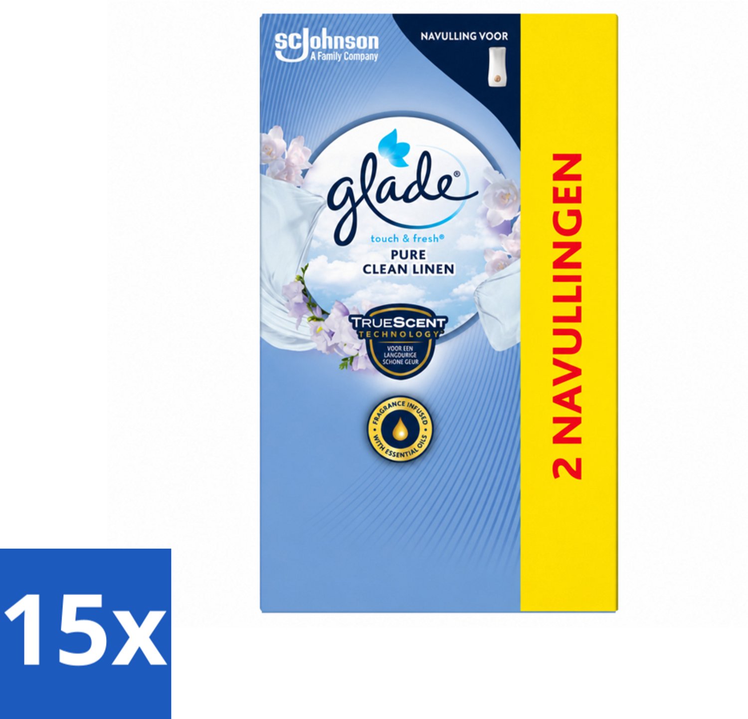 15 x Glade - Touch & Fresh Navulling - Pure Clean Linen - 2 × 10 ml - Voordeelverpakking - 15 stuks