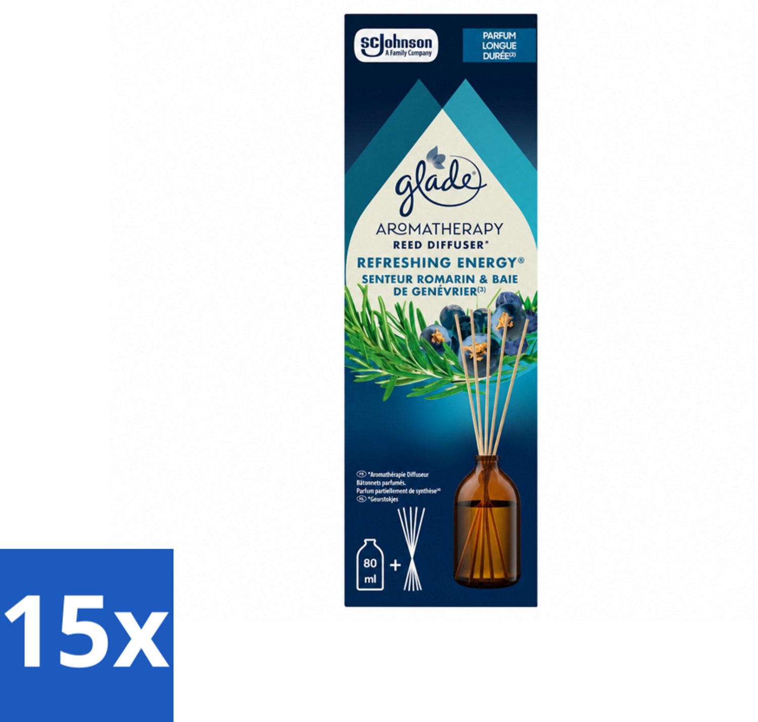 15 x Glade - Geurstokjes Verfrissende Energie - Aromatherapie Geurverspreiding - 80 ml - Voordeelverpakking - 15 stuks