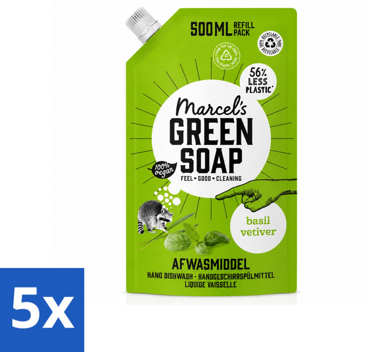 5 x Marcel's Green Soap - Navulling - Afwasmiddel - Basilicum & Vetiver Gras - Plantaardig & duurzaam - 500 ml - Voordeelverpakking - 5 stuks