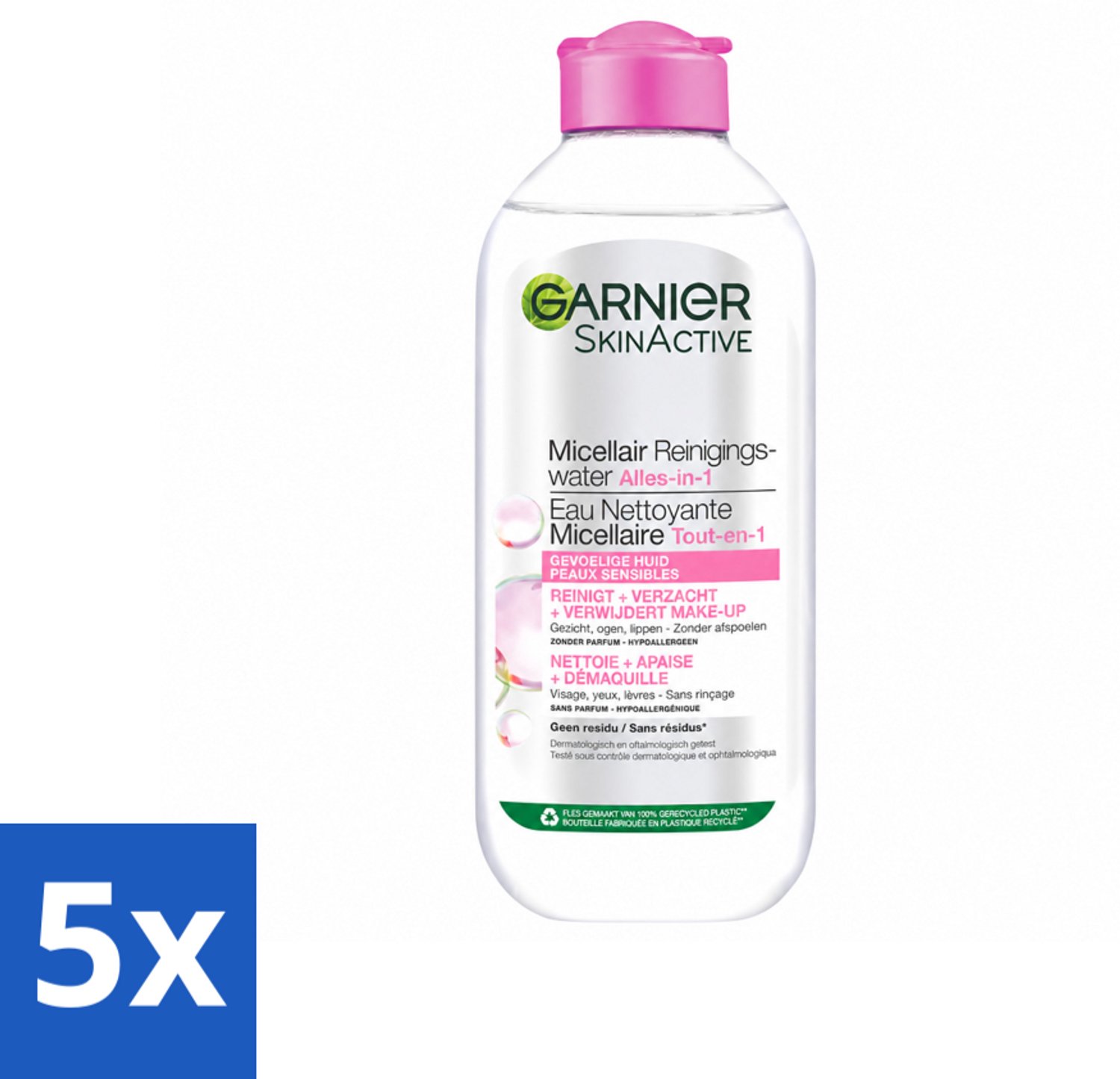 5 x Garnier - SkinActive - Micellair Reinigingswater - Gevoelige Huid - Milde Reiniging & Make-Up Remover - 400 ml - Voordeelverpakking - 5 stuks