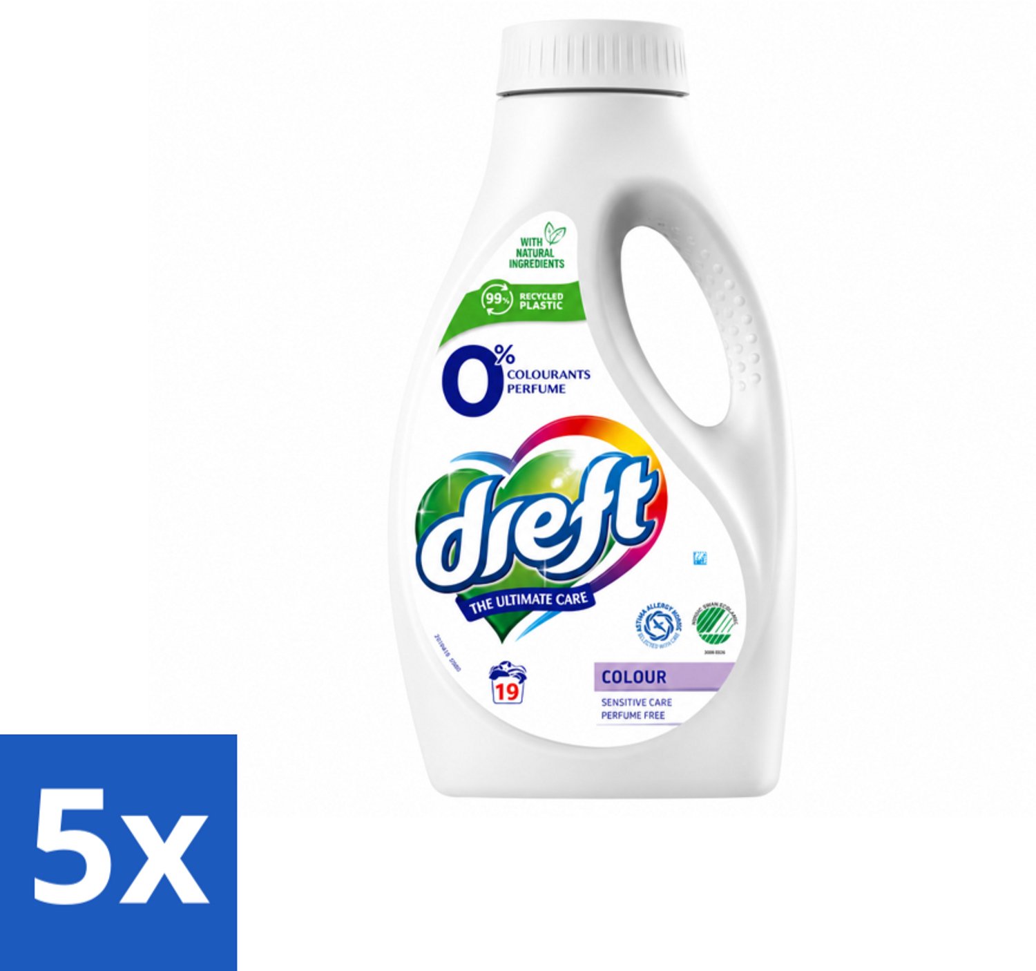 5 x Dreft - Vloeibaar Wasmiddel - 0% Gekleurde Was - Hypoallergeen - 19 Wasbeurten - Voordeelverpakking - 5 stuks