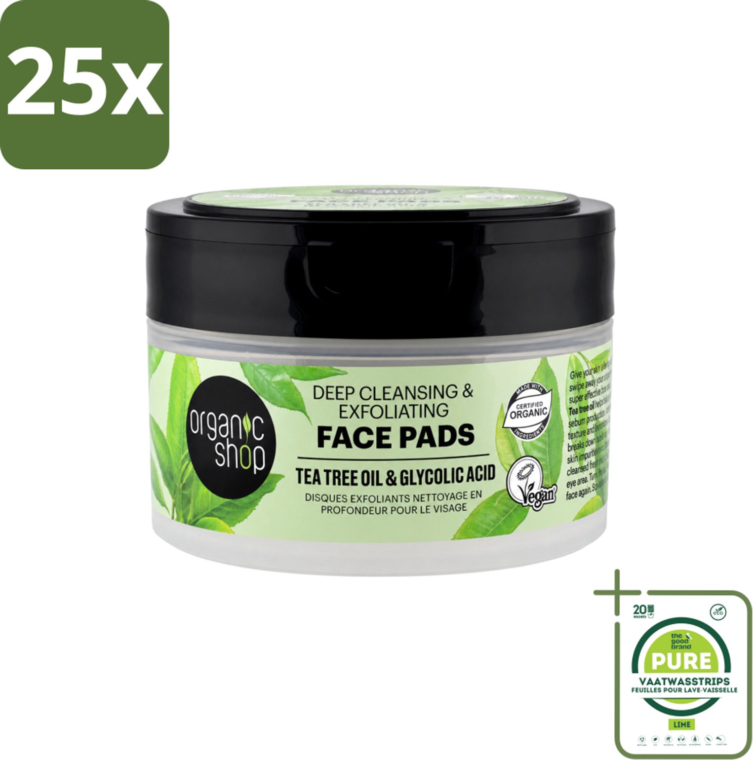25 x Organic Shop - Face Pads Deep Cleansing - Verfrissend en Reinigen - 20 Pads - Grootverpakking - Vaatwasstrips - Gezichtsreiniging - Diepe Reiniging - Tea Tree Olie - Glycolzuur - Huidverzorging