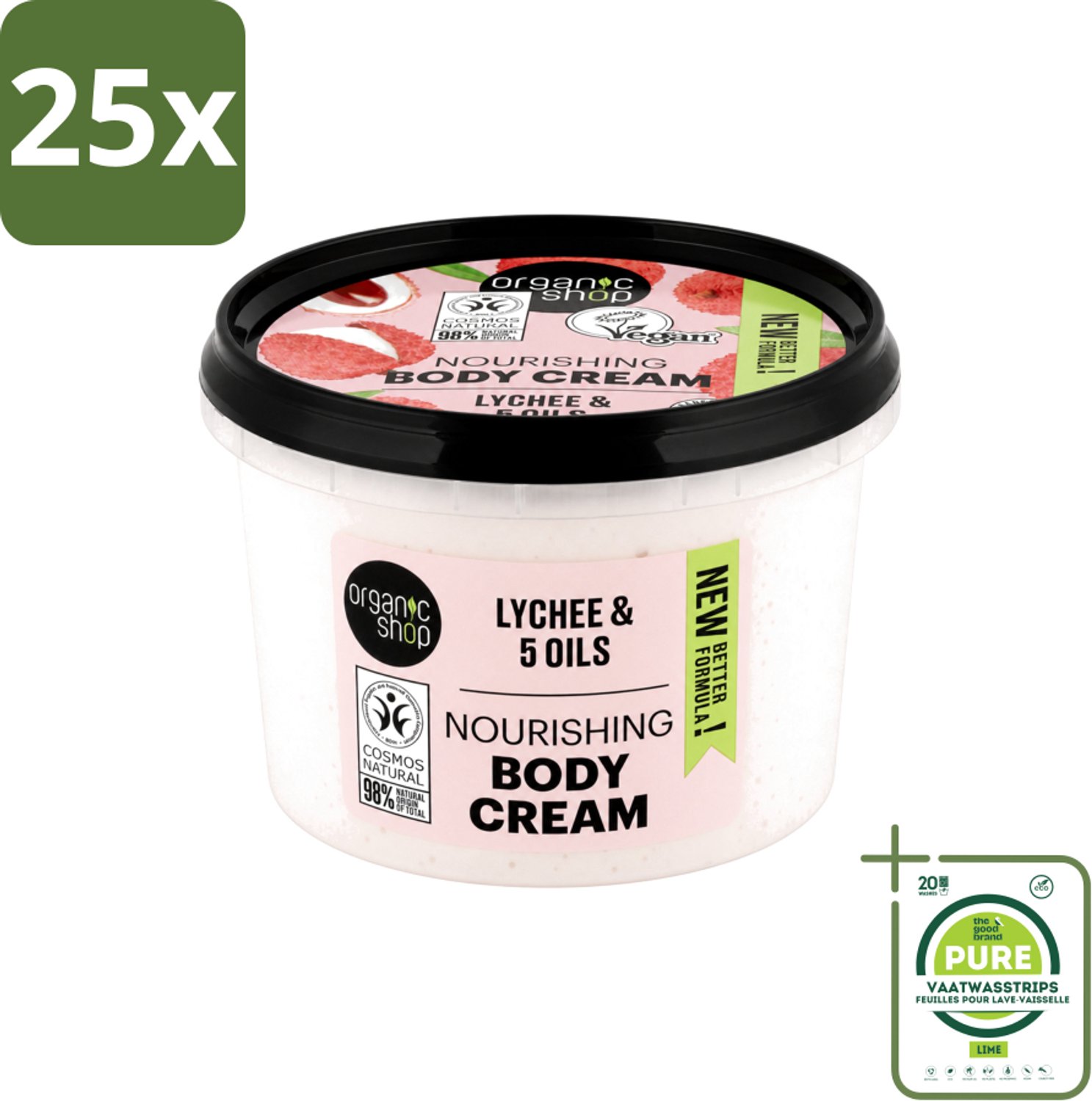 25 x Organic Shop - Nourishing Body Cream Lychee - Hydraterend en Voedend - 250 ml - Grootverpakking - Vaatwasstrips - Hydratatie - Voeding - Natuurlijke Crème - Lychee Crème - Huid Verzorging