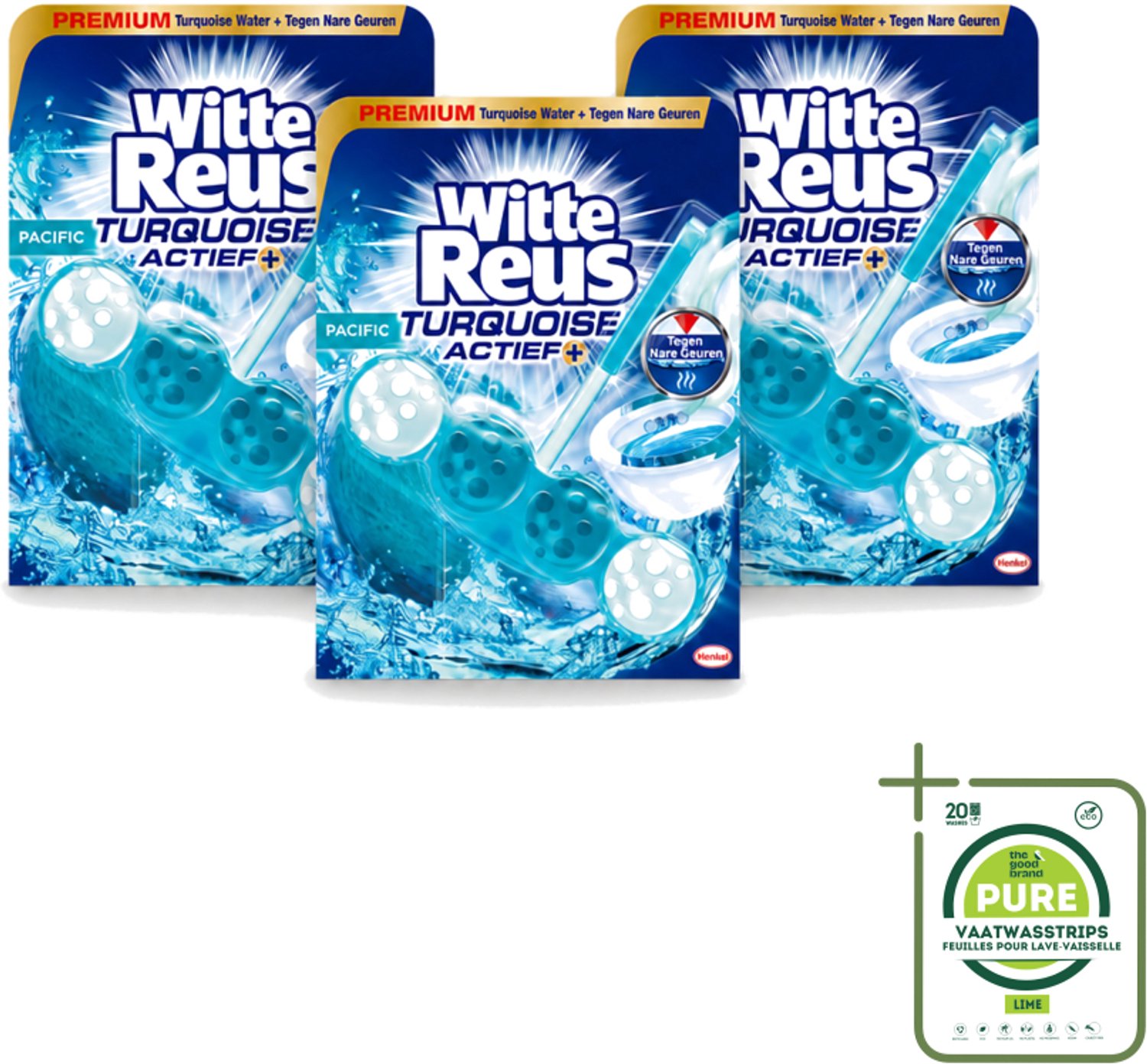 3 x Witte Reus - Turquoise Actief Toiletblok - 1 Toiletblok - Grootverpakking - Vaatwasstrips - Toiletbelevening - Reiniging - Frisheid - Glans - Kalkbescherming