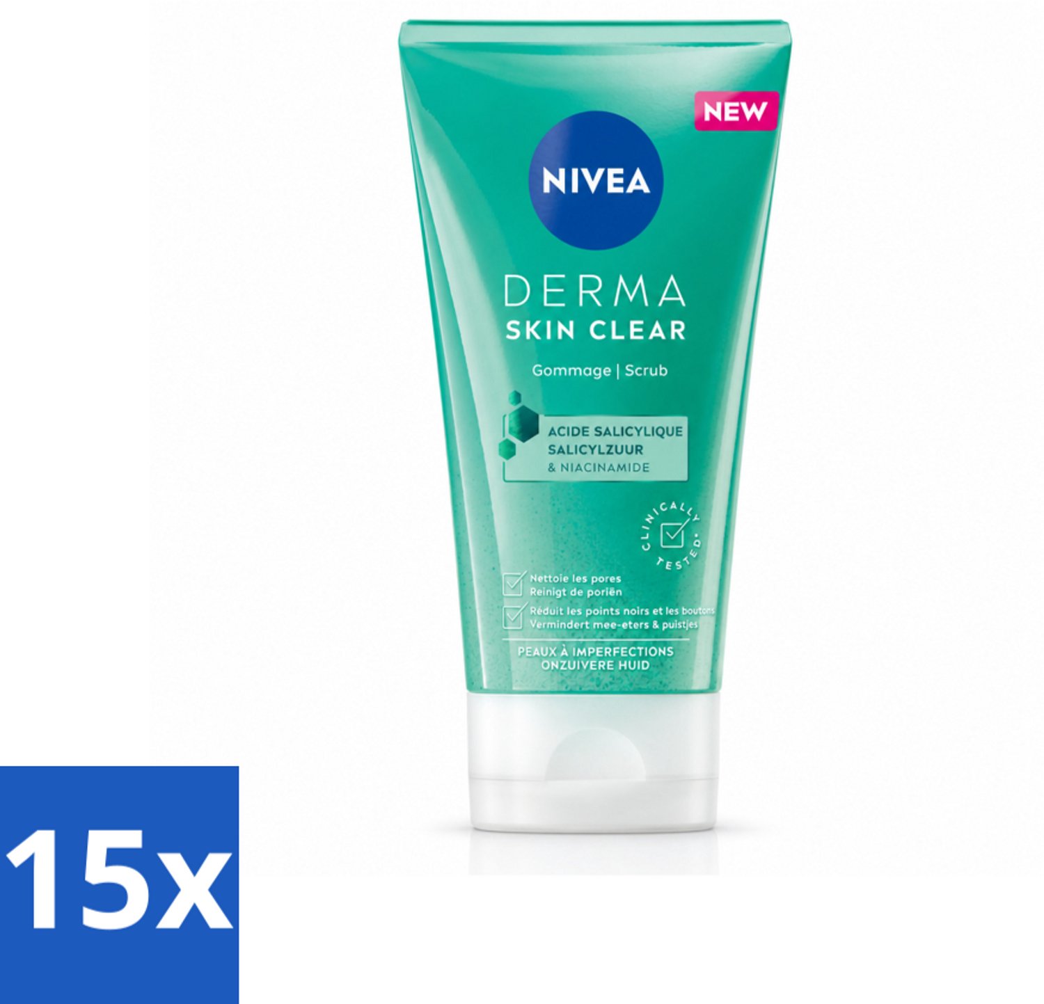 15 x NIVEA - Gezichtsscrub - DERMA Huidzuiver - Voor onzuivere huid - Met Salicylzuur (AHA) & Niacinamide - Tegen Acne & Mee-eters - 150 ml - Voordeelverpakking - 15 stuks