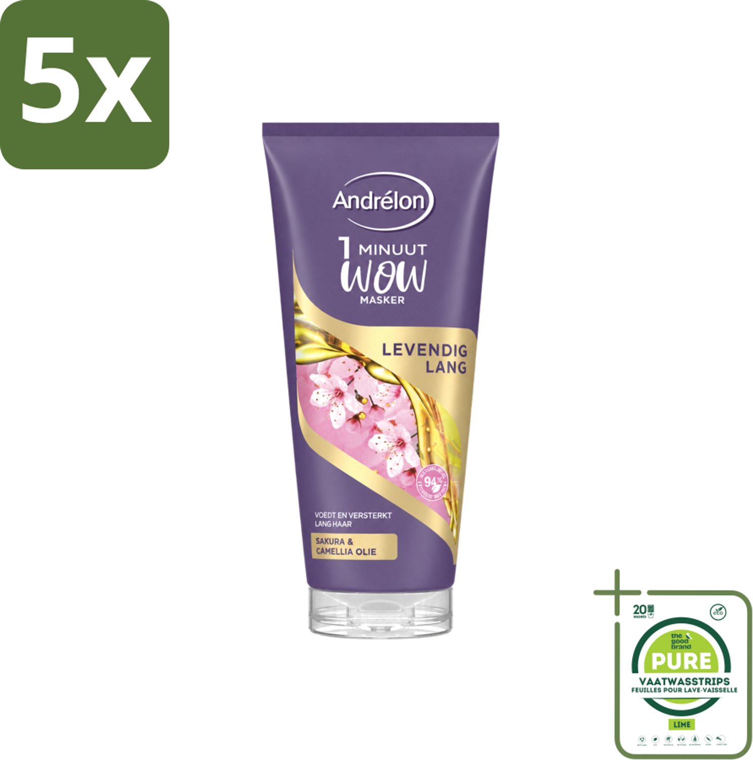5 x Andrélon - WOW - Masker - Levendig Lang - 180 ml - Grootverpakking - Vaatwasstrips - Haarmasker - Lang Haar - Intensieve Verzorging - 1 Minuut - Sakura-olie