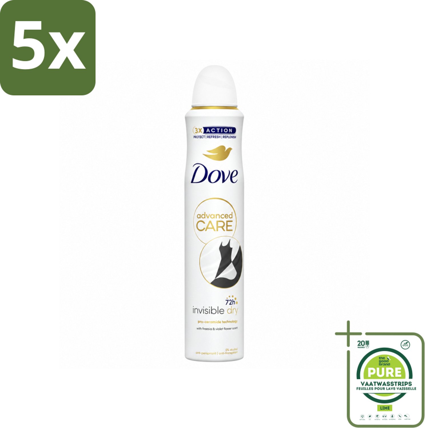 5 x Dove Deodorant Spray - Invisible Dry - 200 ml - Grootverpakking - Vaatwasstrips - Dove Deodorant Spray - Onzichtbare Deodorant - Zweetvermindering - Lichaamsgeur - Okselbescherming