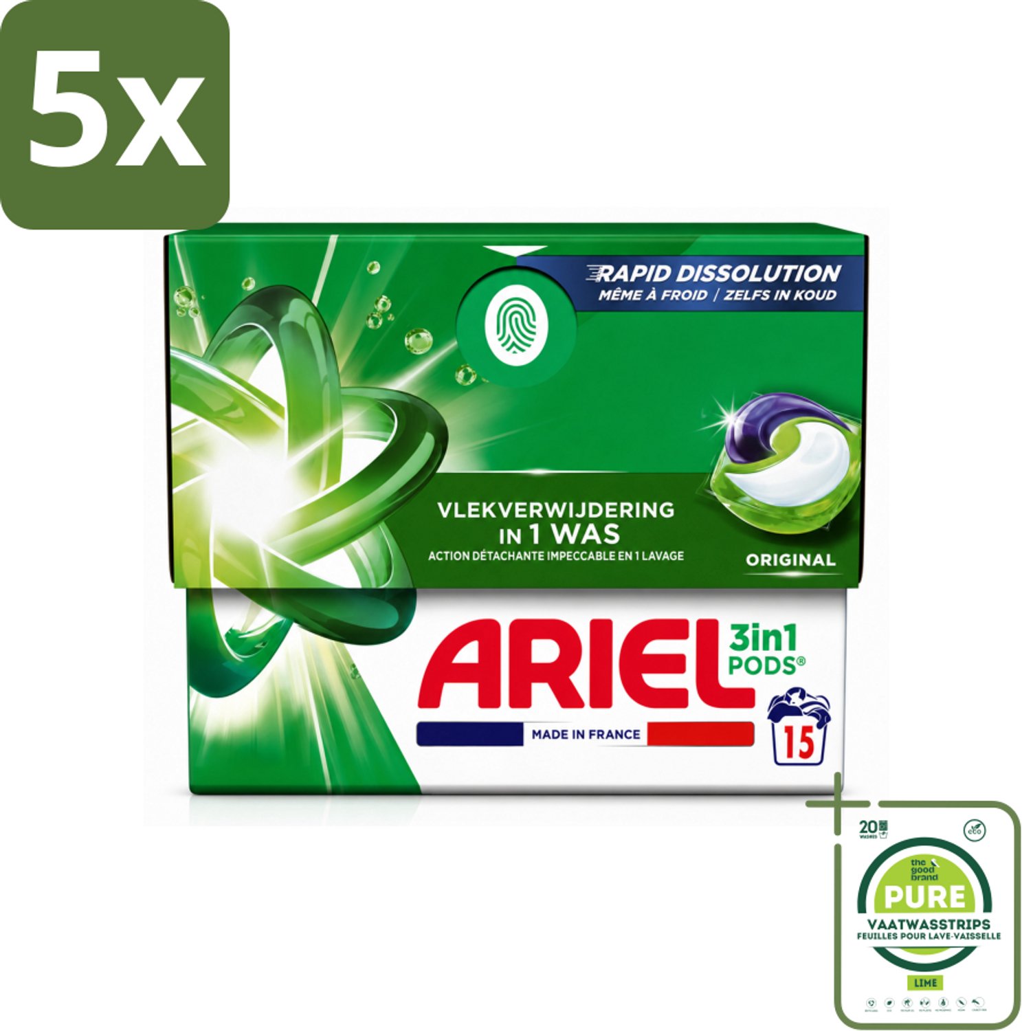 5 x Ariel - 3in1 Wasmiddel Pods - Original - 15 Pods - Grootverpakking - Vaatwasstrips - Wasmiddel Pod - Wasmiddel Voor Koude Was - 3 In 1 Wasmiddel - Wasmiddel Voor Vlekken - Wasmiddel Voor Kleding