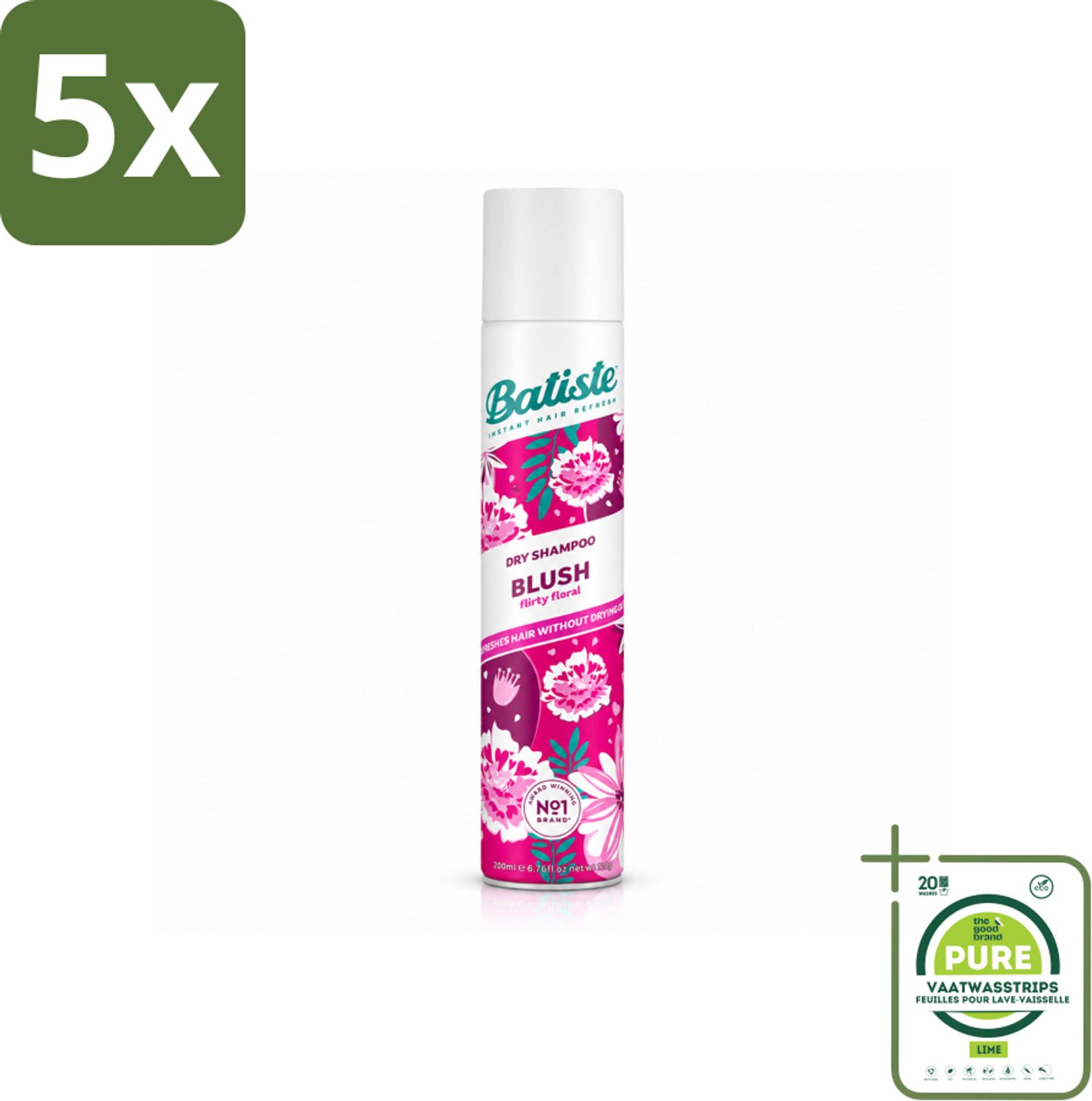 5 x Batiste - Blush - Droogshampoo - Bloemige Geur - Frist Op en Geeft Textuur - 200ml - Grootverpakking - Vaatwasstrips - Droogshampoo - Haar Opfrissen - Frisheid - Bloemige Geur - Haar Volume
