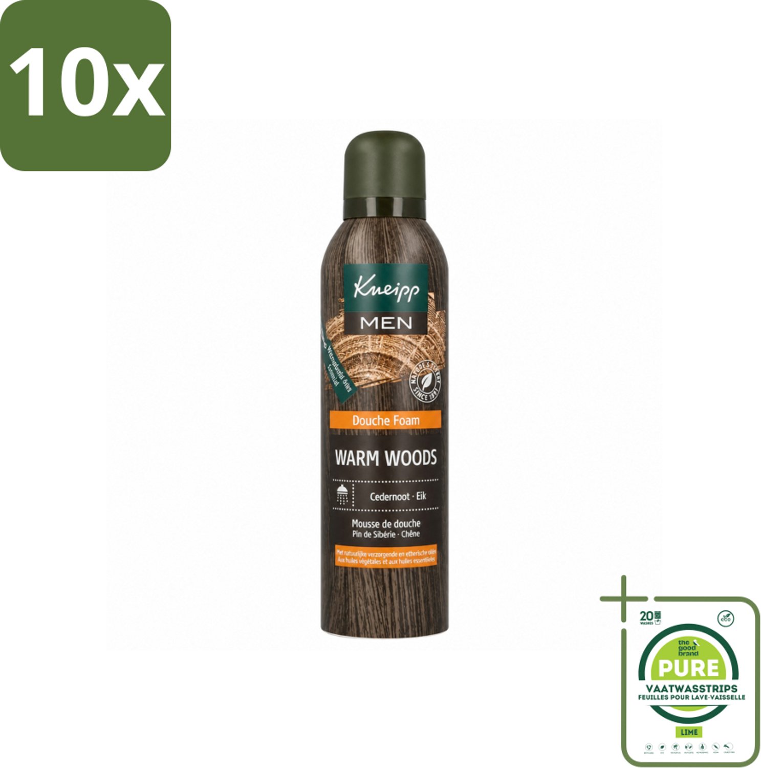 10 x Kneipp - Douche schuim - Men - Warm Woods - Warme houtgeur - 200 ml - Grootverpakking - Vaatwasstrips - Douche Foam - Warme Houtgeur - Mannelijke Geur - Natuurlijke Verzorging - Huid Verzorging