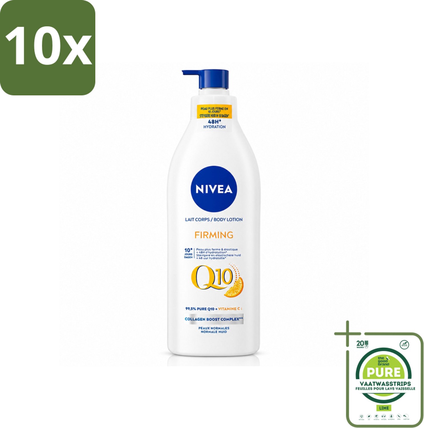 10 x Nivea - Q10 - Verstevigende Bodylotion met Pomp - Vitamine C - 48 uur Hydratatie - Voor Normale Huid - 400 ml - Grootverpakking - Vaatwasstrips - Verstevigende Bodylotion - Hydratatie - Elastische Huid - Q10 - Vitamine C