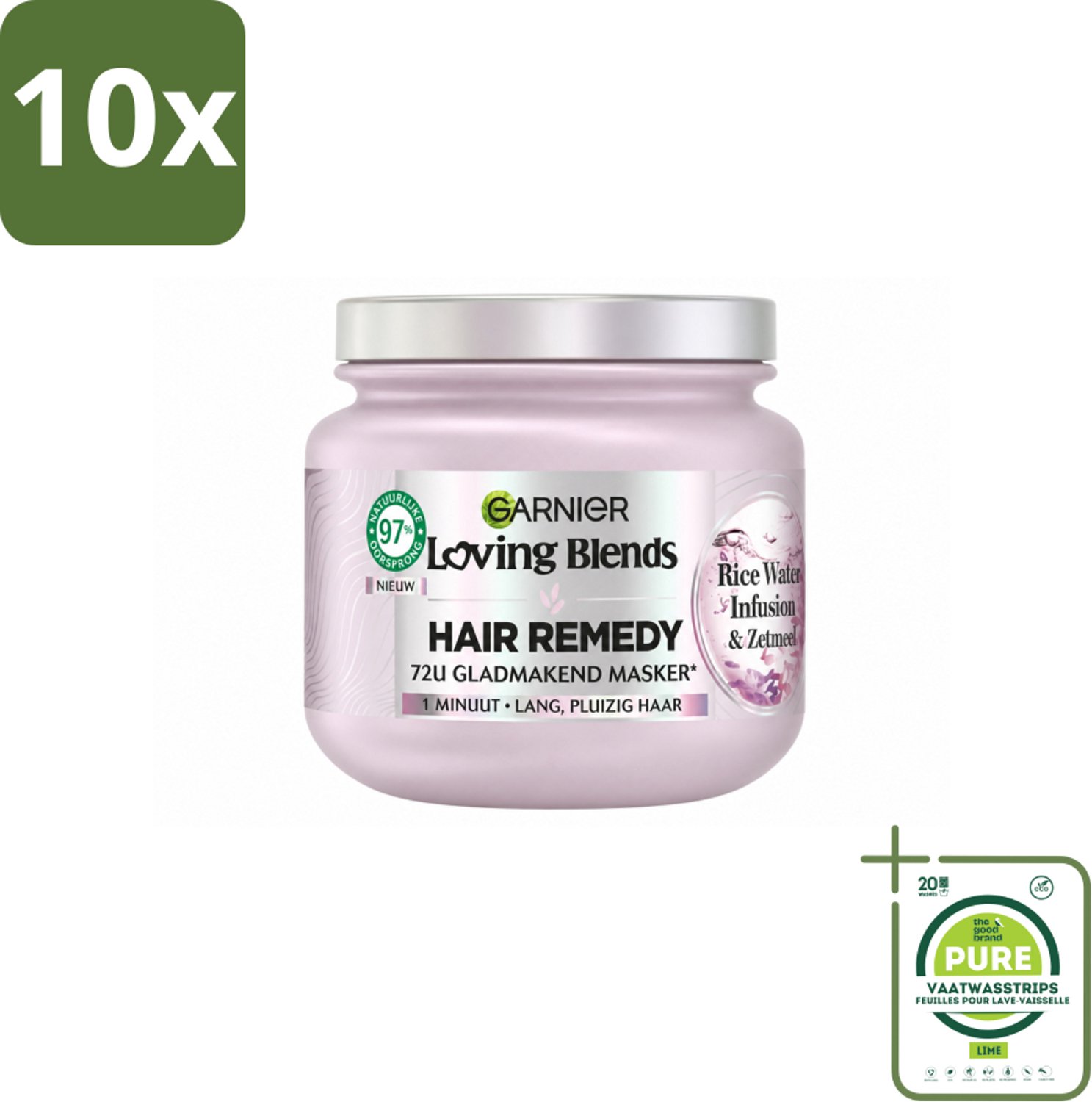 10 x Garnier - Loving Blends - Haarmasker - Rice Water Infusion - Glans & Zachtheid - Lang Haar - 340 ml - Grootverpakking - Vaatwasstrips - Haarmasker - Rice Water - Glans Haar - Zachtheid Haar - Lang Haar