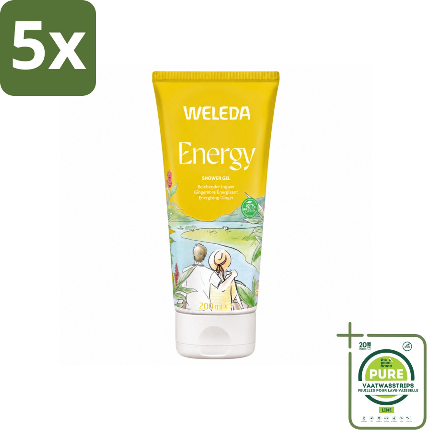 5 x WELEDA - Douchegel Aroma Shower Energy - 200 ml - Grootverpakking - Vaatwasstrips - Energie - Energieboost - Natuurlijke Douchegel - Aromatherapie - Frisheid