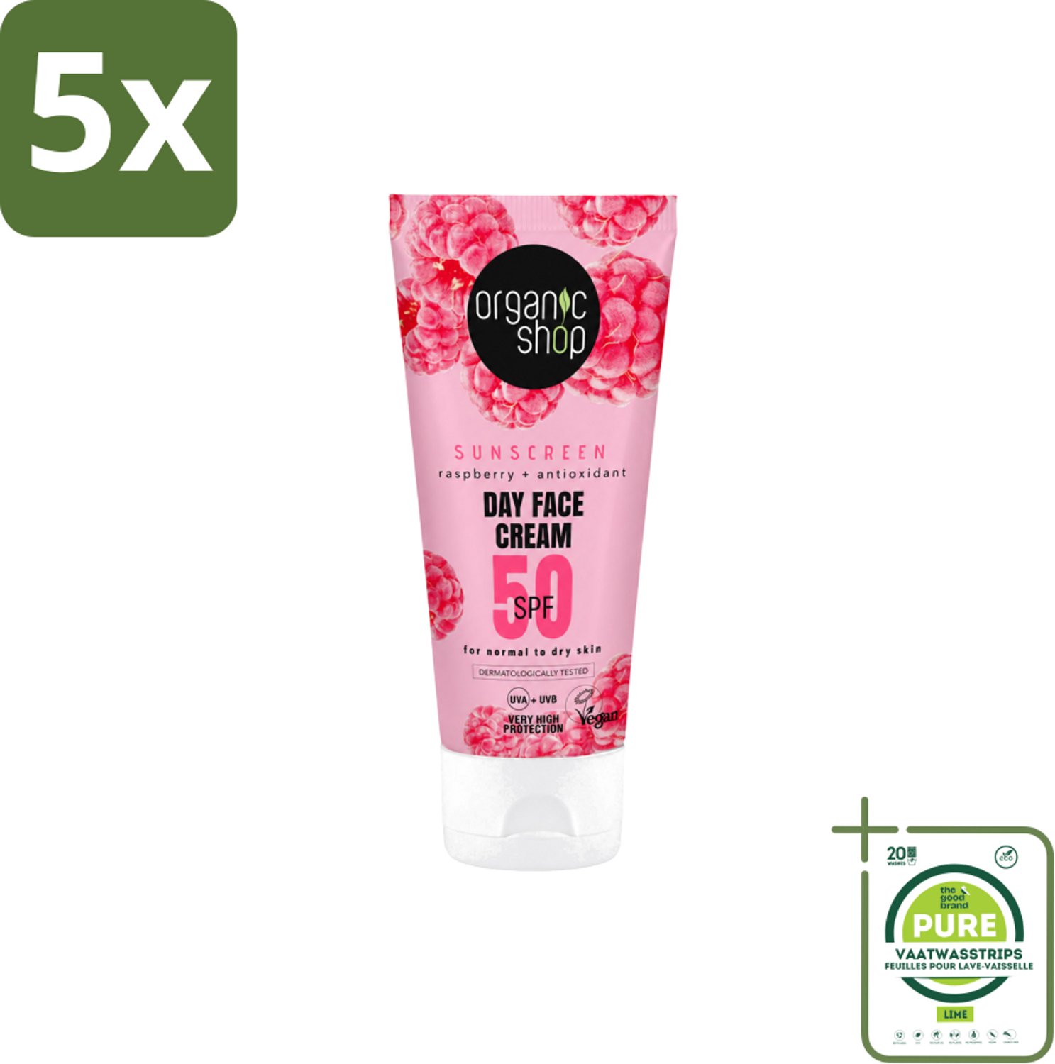 5 x Organic Shop - Zonnebrandcrème Gezicht SPF 50 - Normale Huid - 50 ml - Grootverpakking - Vaatwasstrips - Zonbescherming Gezicht - SPF 50 - Gezichtscreme - Huidbescherming - Droge Huid