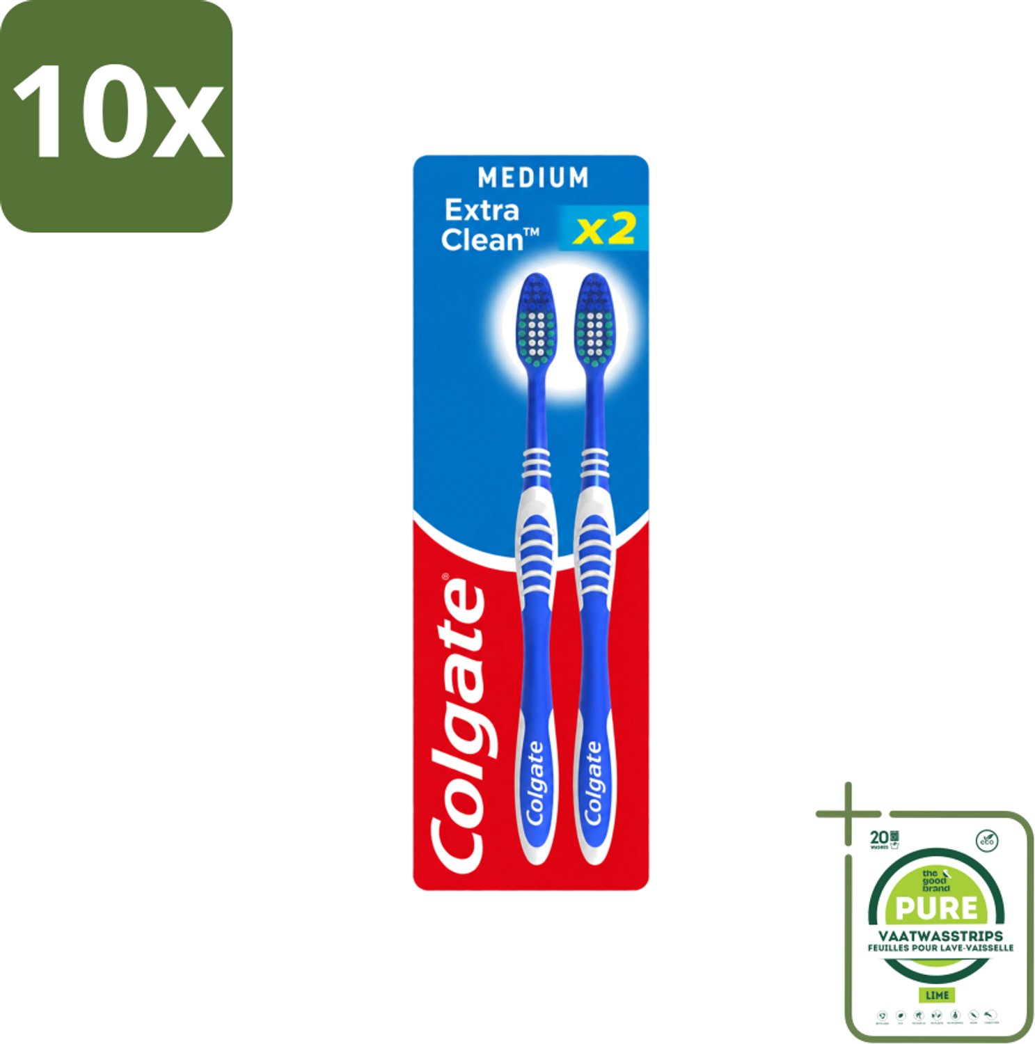 10 x Colgate - Tandenborstels - Extra Clean Duo - Medium - 2 borstels - Grootverpakking - Vaatwasstrips - Tandenborstel - Mondhygiëne - Frisse Adem - Reiniging - Tongreiniger