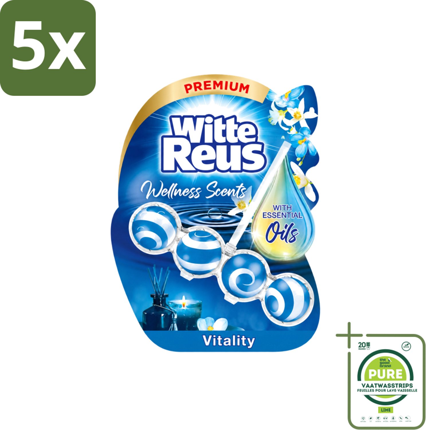 5 x Witte Reus - Wellness Scents Toiletblok - Vitality - 1 Toiletblok - Grootverpakking - Vaatwasstrips - Toilet - Reiniging - Geur - Wellness - Essentiële Oliën
