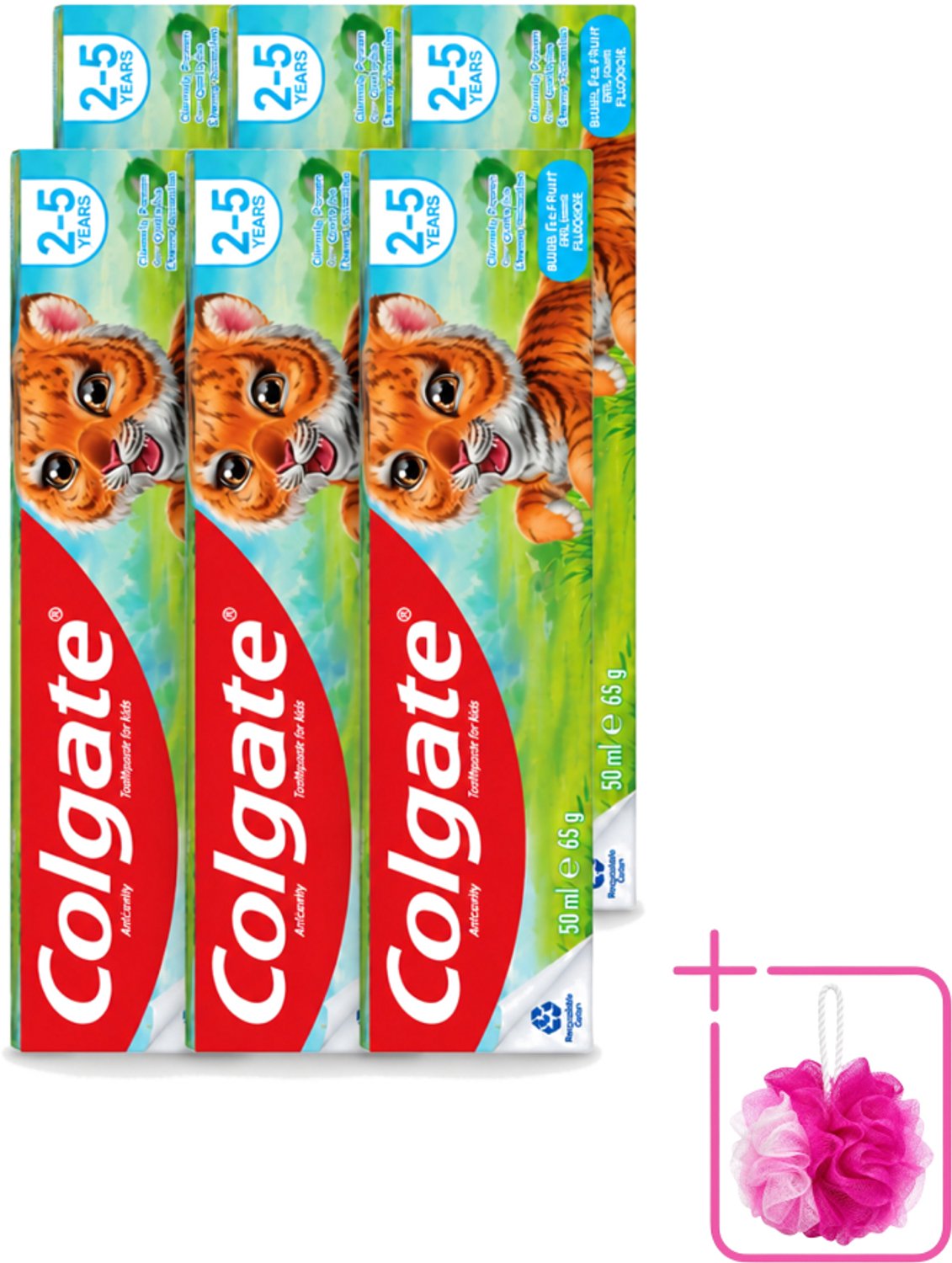 6 x Colgate - Bubble Fruit - Kindertandpasta - Voor 2 tot 5 jaar oud - 50ml - Bulkverpakking - Kinder tandpasta - Douchemop - Melktanden beschermen
