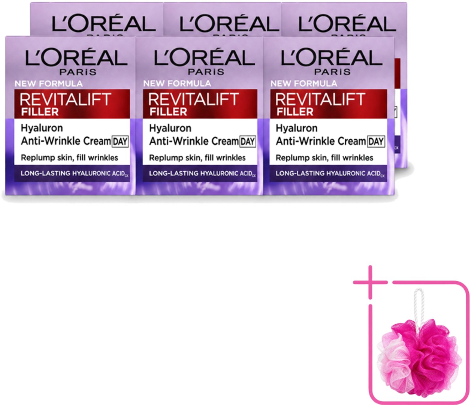 6 x L'Oréal Paris Revitalift Filler - Dagcrème - Anti-Rimpel - Voor Verouderende Huid - 50 ml - Bulkverpakking - Anti-rimpel crème - Douchemop - Veroudering bestrijding