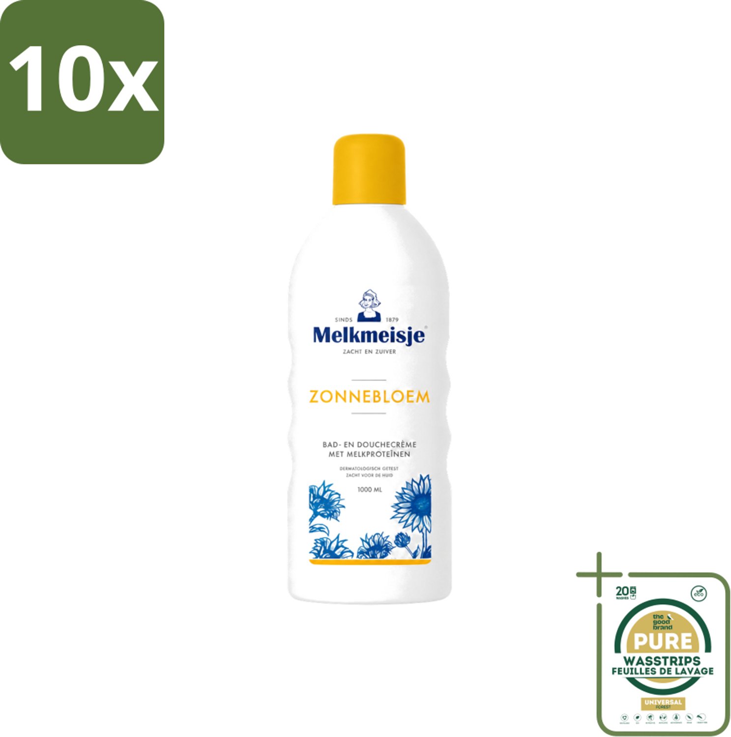 10 x Melkmeisje - Bad & Douche Zonnebloem - Romig Parfum - 1000 ml - Wasstrips - Douchecrème - Melkproteïnen - Zonnebloemextract - Huidverzorging - Fris Parfum