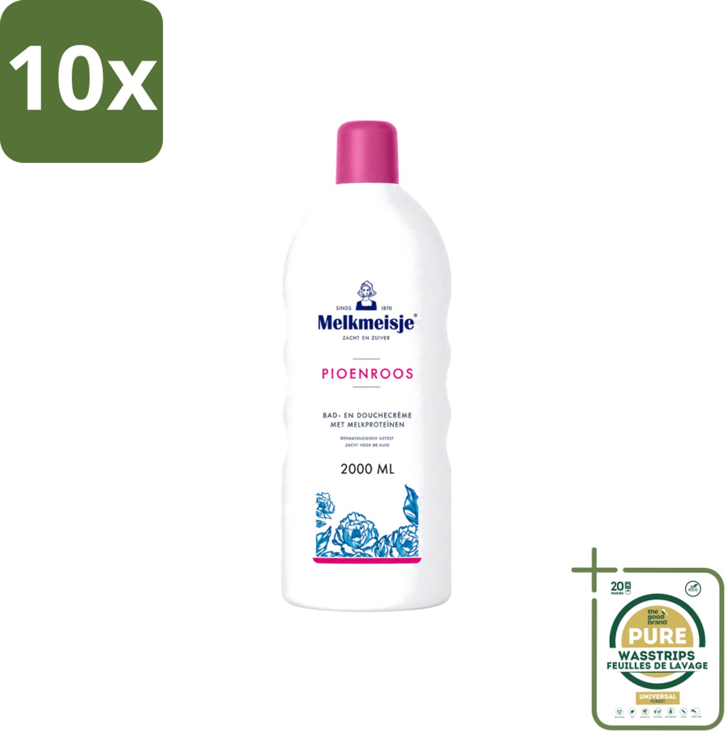 10 x Melkmeisje - Bad & Douche - Pioenroos Geur - Verzorgend & Hydraterend - 2000 ml - Wasstrips - Douchecrème - Melkproteïnen - Katoen - Huidverzorging - Pioenroos