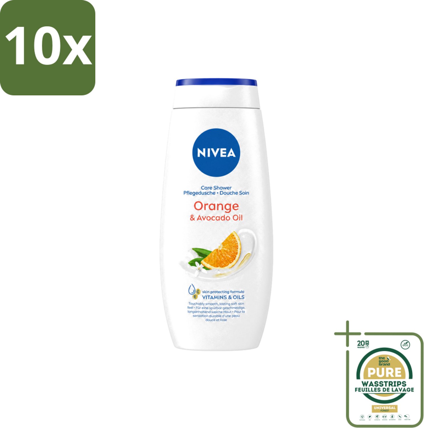 10 x Nivea - Douchegel - Orange - Voelbaar Gladde Huid - 250 ml - Wasstrips - Douchegel - Huid Verzorgen - Bamboemelk - Sinaasappelgeur - Voelbaar Gladde Huid