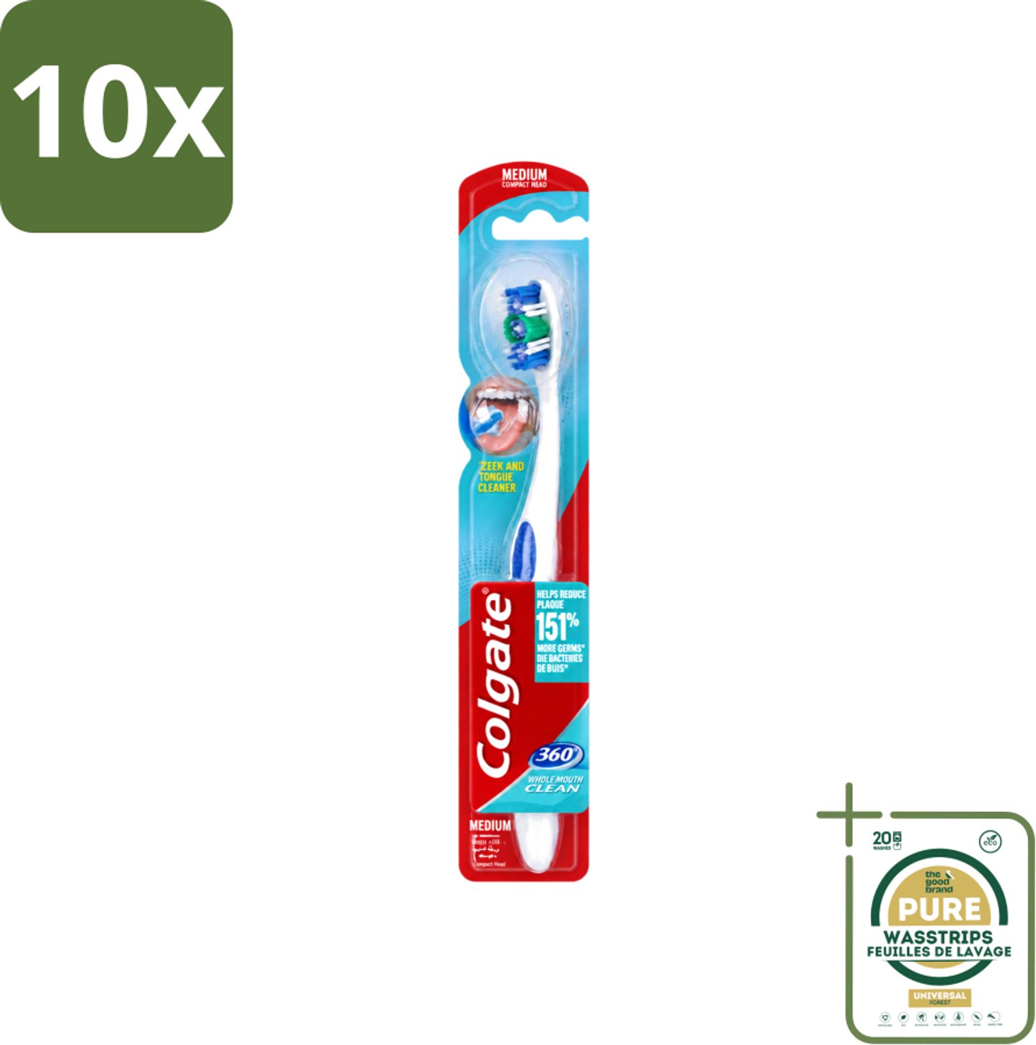 10 x Colgate - Tandenborstel - 360 Whole Mouth Clean Medium - Wit/Blauw - 1 Tandenborstel - Wasstrips - Tandenborstel - Mondhygiëne - Tandenpoetsen - Bacteriën - Tandplak