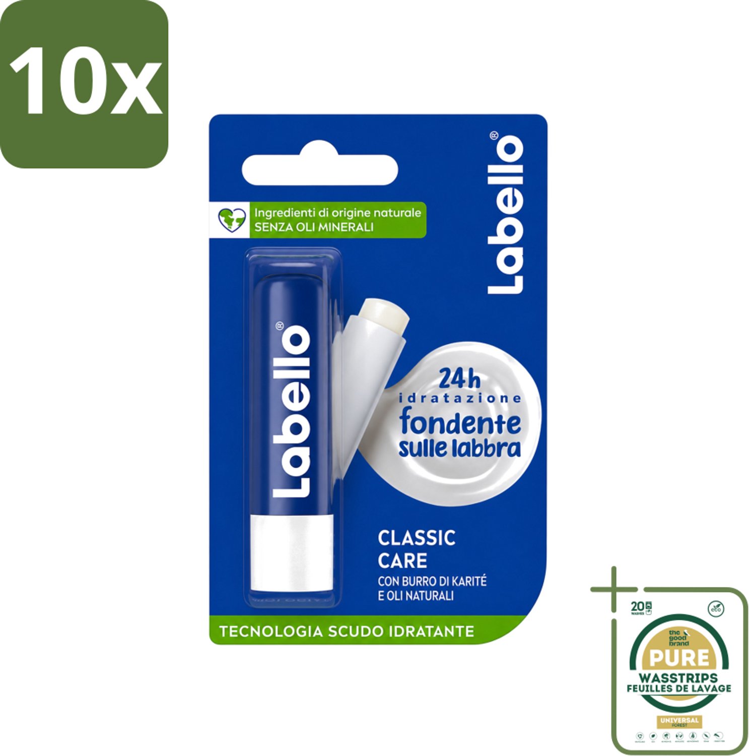 10 x Labello - Classic Care - Lippenbalsem - Voedend & Beschermend - 5.5 ml - Wasstrips - Lippenbalsem - Lippenverzorging - Hydratatie - Uitdroging - Droge Lippen