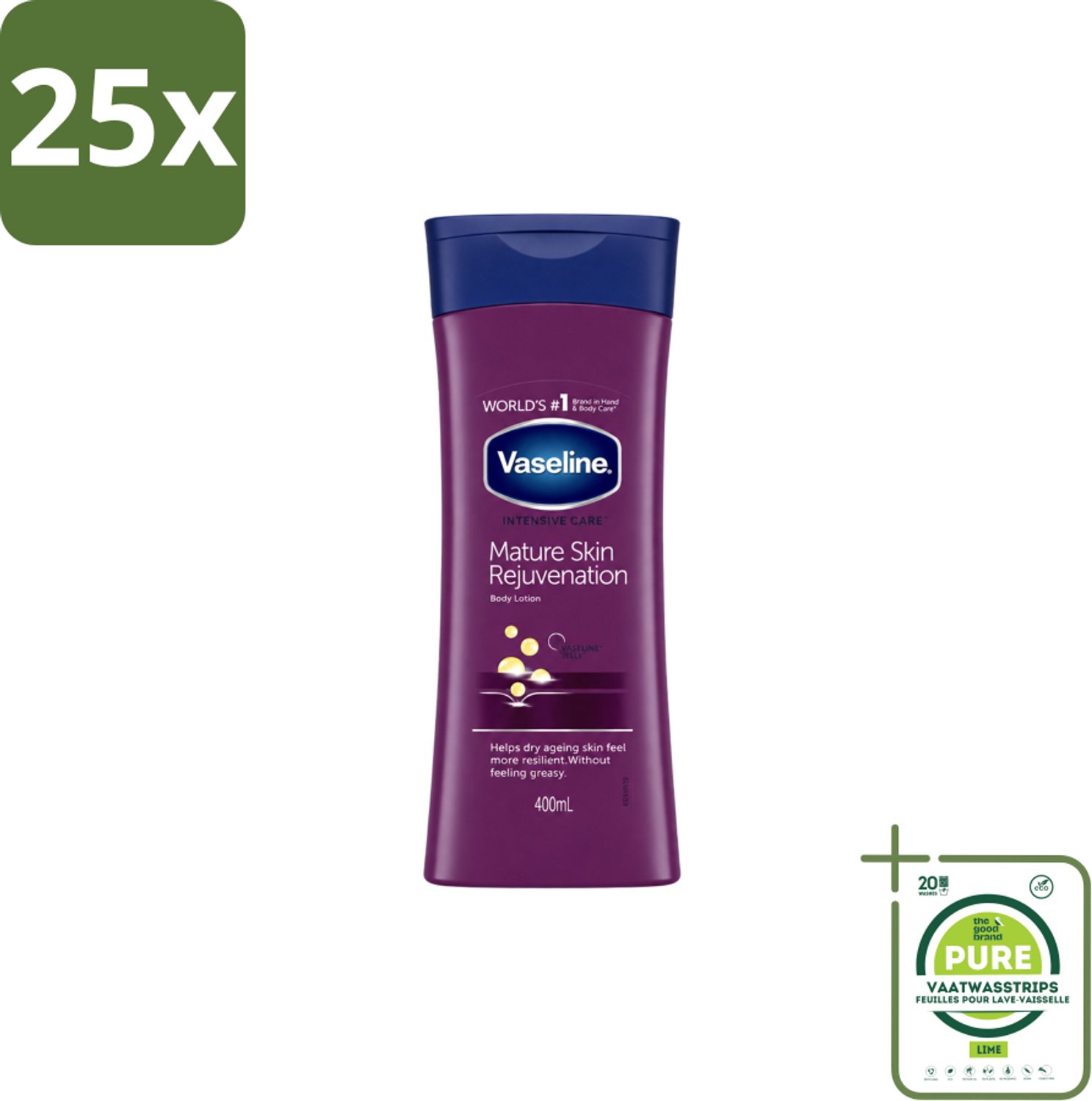 25 x Vaseline – Body Lotion – Intensive Care Mature Skin – 400 ml - Grootverpakking - Vaatwasstrips - Rijpe Huid - Droge Huid - Vochtige Huid - Huidverzorging - Bodycrème
