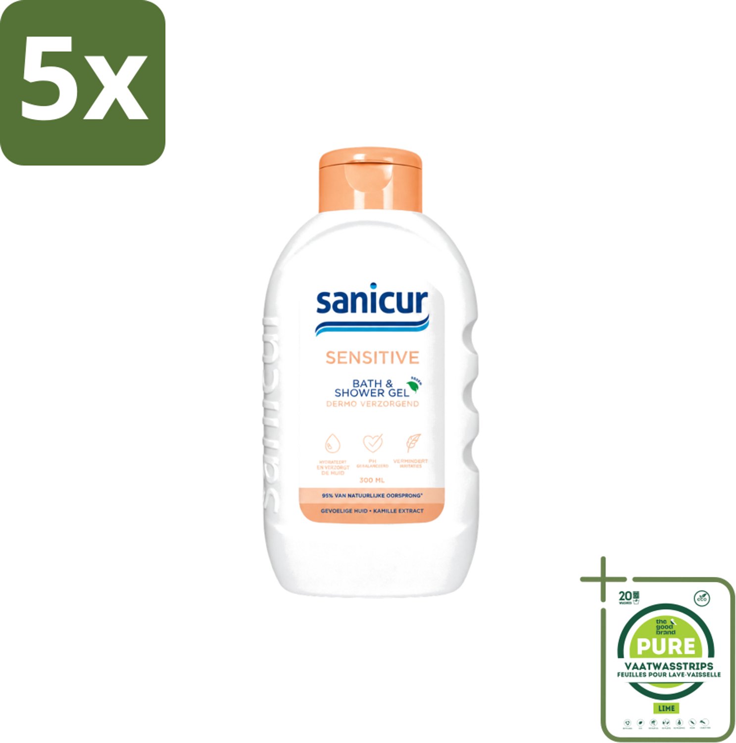 5 x Sanicur – Bad & Douchegel – Sensitive – 300 ml - Grootverpakking - Vaatwasstrips - Gevoelige Huid - Bad En Douchegel - Zachte Reiniging - Kamille Extract - Huidbeschermend