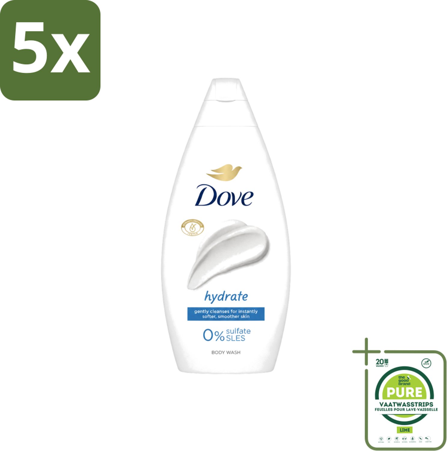 5 x Dove – Douchegel – Hydrate – 450 ml - Grootverpakking - Vaatwasstrips - Douchegel Hydrateren - Zachte Huid - Huid Verzorgen - Mild Reinigen - Droge Huid