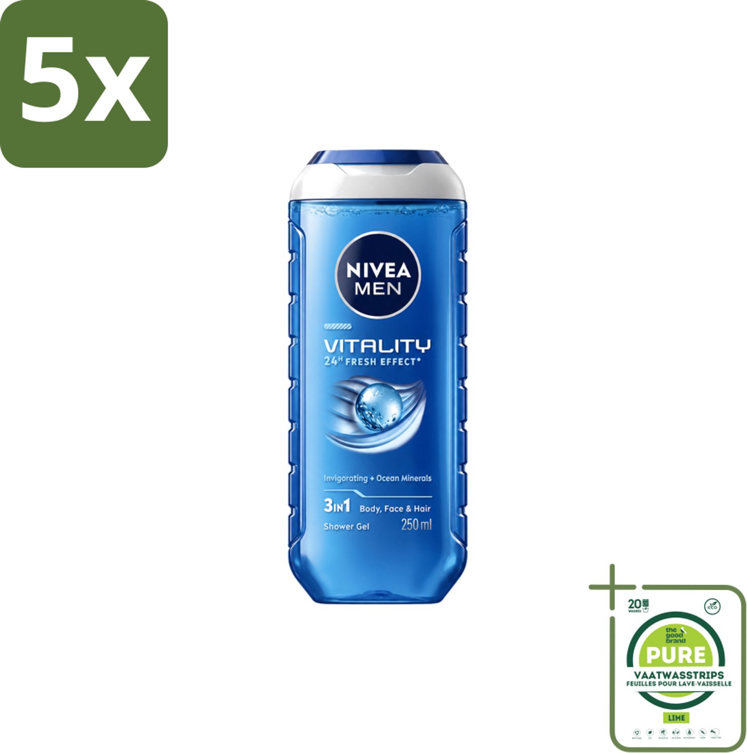 5 x Nivea Men – Douchegel – Vitality 3-in-1 – 250 ml - Grootverpakking - Vaatwasstrips - Douchegel Voor Mannen - Frisheid - Oceaanmineralen - 3-in-1 Douchegel - Huidverzorging
