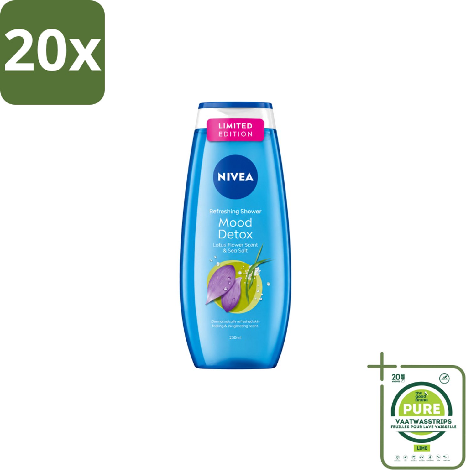 20 x Nivea – Douchegel – Creme Mood Detox – 250 ml - Grootverpakking - Vaatwasstrips - Douchegel - Zeezout - Ontspanning - Huidverzorging - Mood Detox