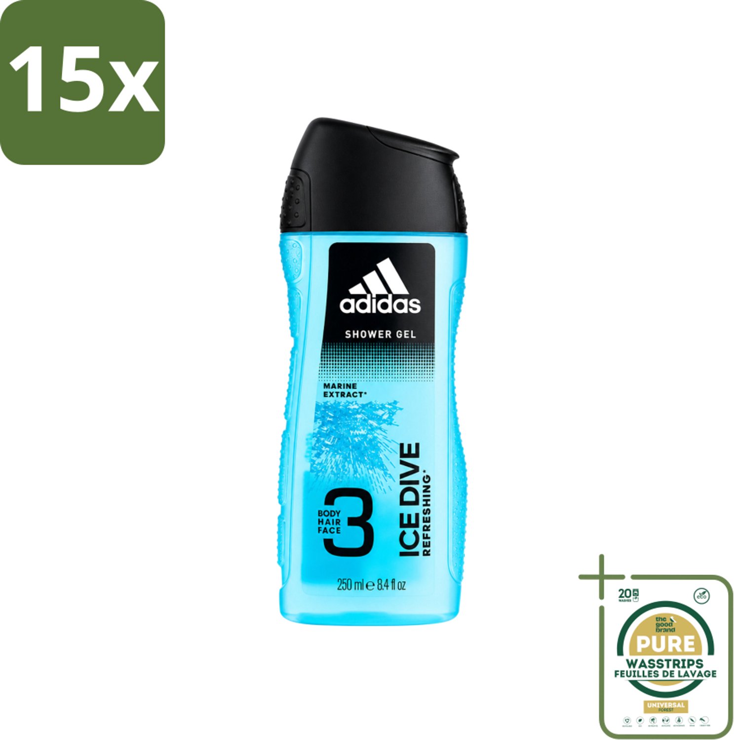 15 x Adidas - 3-in-1 Douchegel - Ice Dive Refreshing - Marine Extract - 250 ml - Wasstrips - Douchegel - Douche En Shampoo - Verfrissend - Sportieve Verzorging - Frisheid