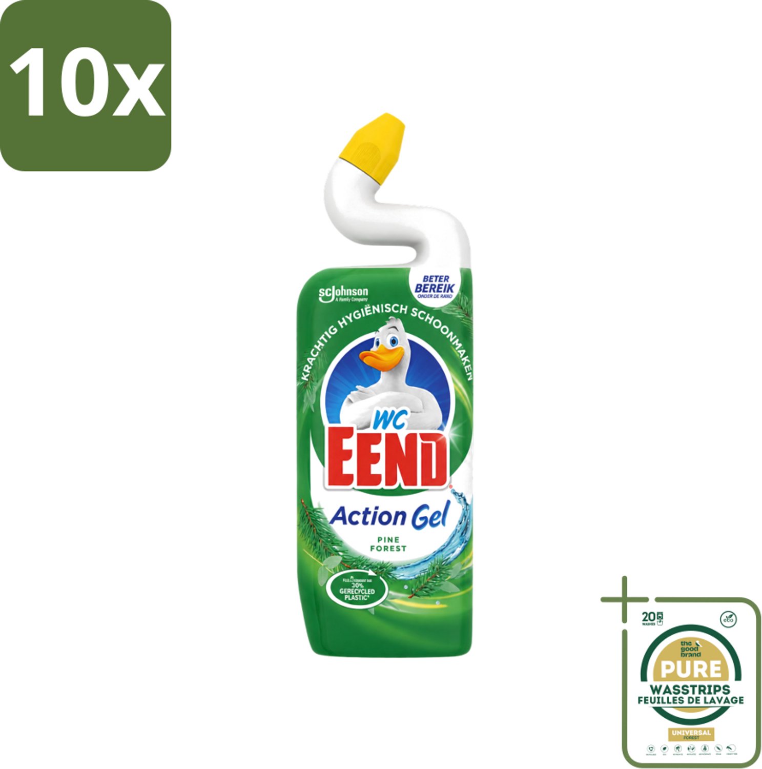10 x WC Eend - Toiletreiniger - Action Gel - Pine Forest - Krachtige Reiniging & Frisse Dennengeur - 750 ml - Wasstrips - Toiletreiniger - Reinigingsgel - Kalkverwijdering - Urinesteen - Fris Ruiken