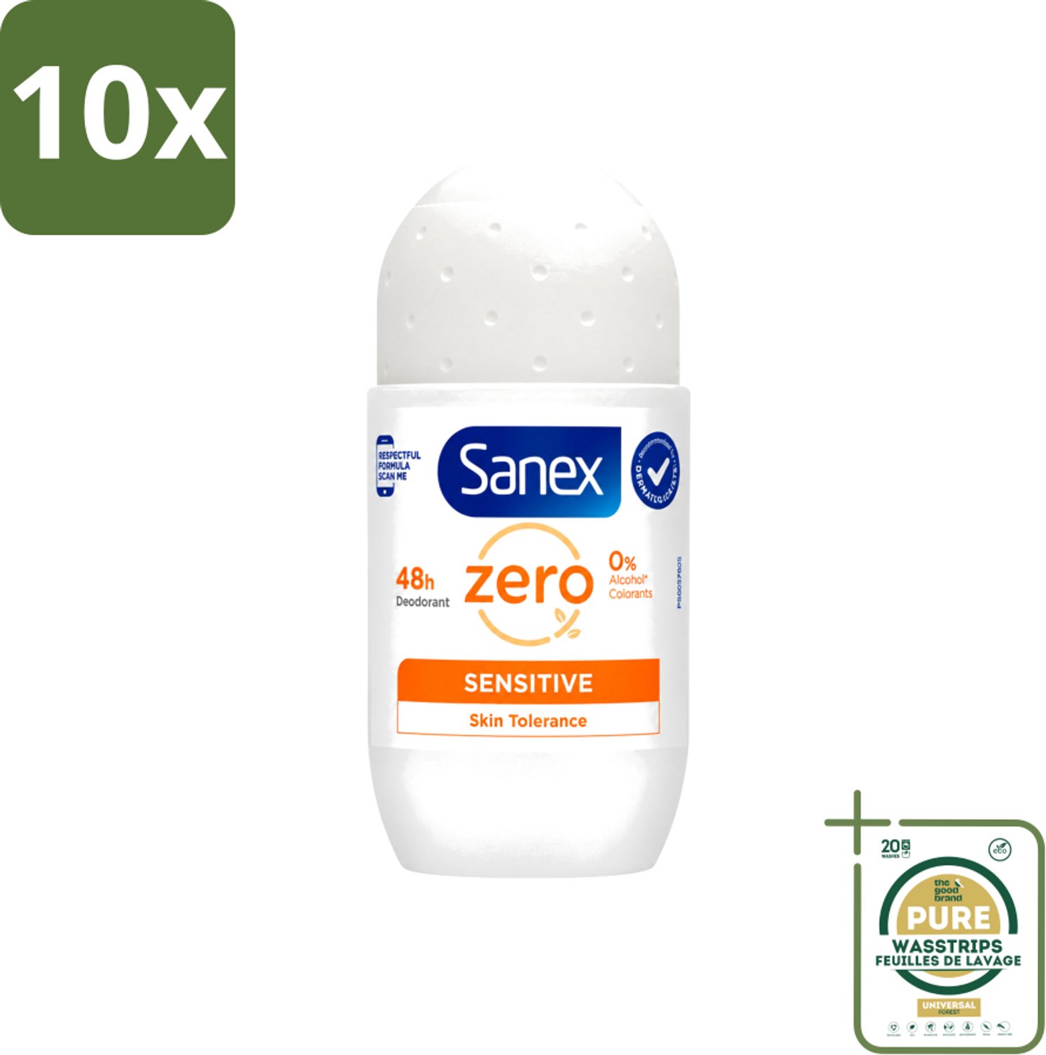 10 x Sanex - Deodorant - Roller - Zero% - Sensitive - Zonder Alcohol & Parabenen - 50 ml - Wasstrips - Sanex Deodorant Zero% Sensitive - Alcoholvrije Deodorant - Parabenenvrije Deodorant - Gevoelige Huid - Milde Deodorant