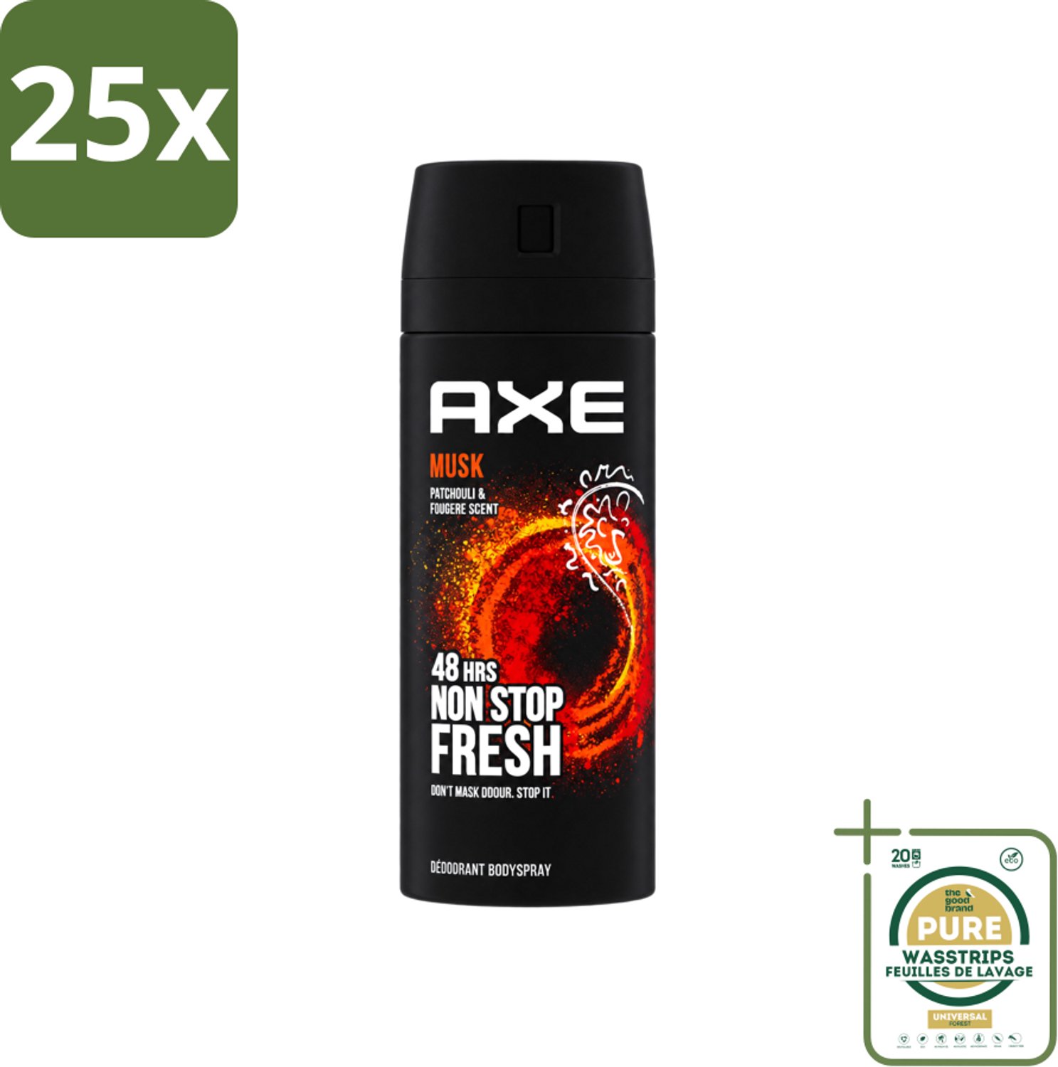 25 x Axe - Deodorant Bodyspray - 48hrs Non Stop Fresh - Musk - Patchouli & Fougere - 150 ml - Wasstrips - Axe Musk Deodorant - Musk Deodorant - Deodorant Bodyspray - 48h Fresh - Musk Geur