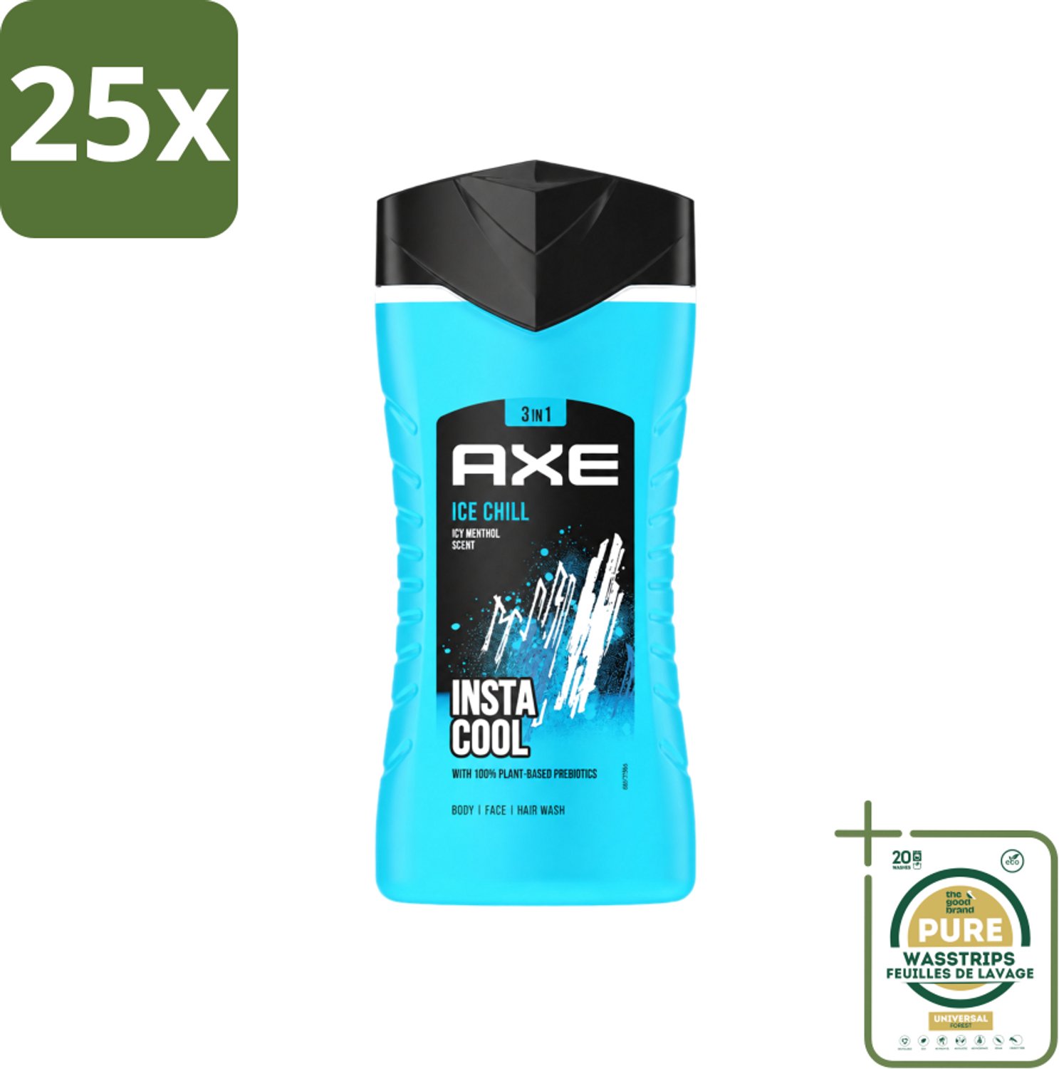 25 x Axe - 3-in-1 Douchegel - Ice Chill - Icy Menthol - Insta Cool - 100% Plantaardig - 150 ml - Wasstrips - 3-in-1 Douchegel - Douchegel Menthol - Douchegel Bevroren Munt - Douchegel Voor Gezicht En Haar - Douchegel 12 Uur Geur
