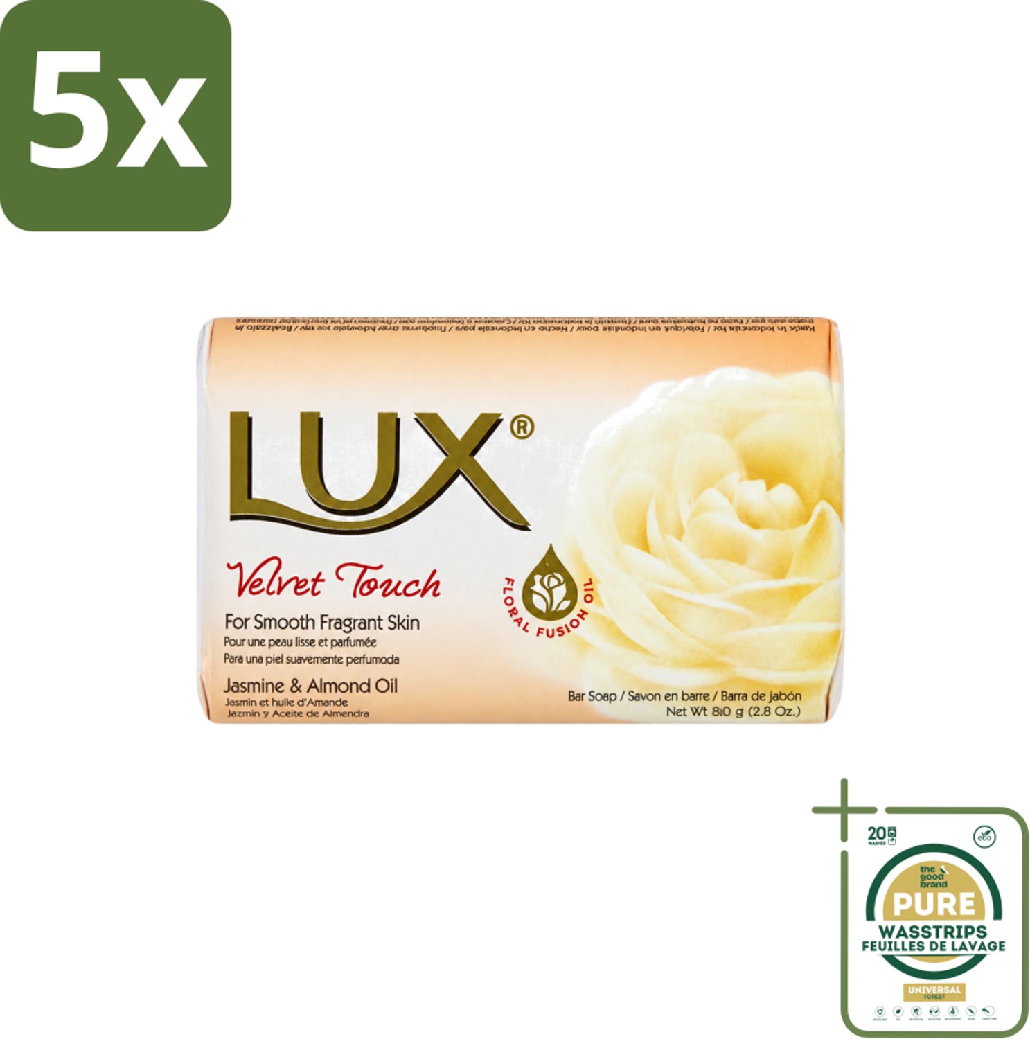 5 x Lux - Zeep - Velvet Touch - Hydraterend - Voor Geurige Huid - 80 g - Wasstrips - Zeep - Hydraterende Zeep - Zijdezachte Zeep - Geurende Zeep - Huidverzorging