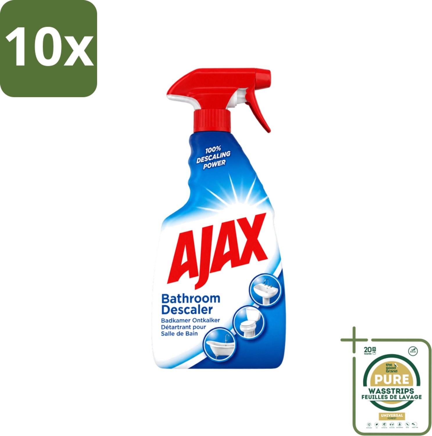 10 x Ajax - Badkamer Ontkalker Spray - Verwijdert Hardnekkig Kalk - 750 ml - Wasstrips - Badkamer Ontkalker - Ontkalker Spray - Hardnekkig Vet Verwijderen - Kalkaanslag Verwijderen - Badkamer Reinigen